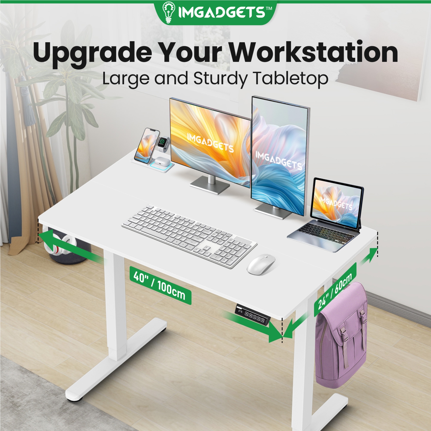 IMGadgets Standing Electric Adjustable Desk | 40'' x 24'' Large Workspace with 2 hooks | Ergonomic Sit-Stand Desk | 3-Memory Settings | Height