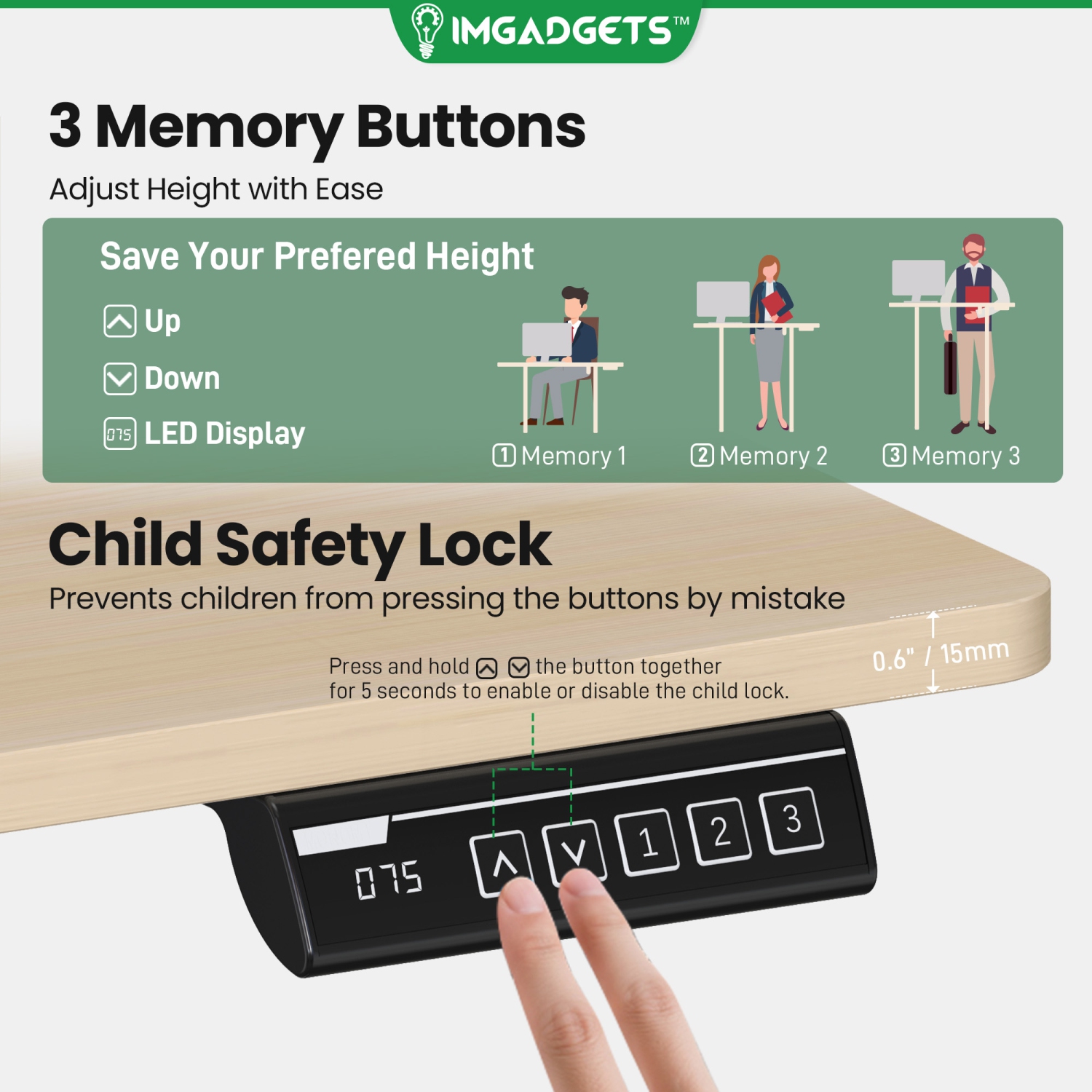 IMGadgets Standing Electric Adjustable Desk | 40'' x 24'' Large Workspace with 2 hooks | Ergonomic Sit-Stand Desk | 3-Memory Settings | Height