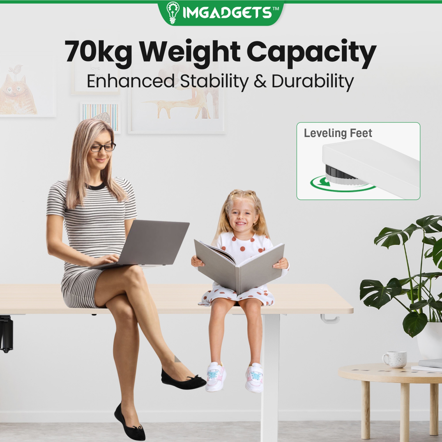 IMGadgets Standing Electric Adjustable Desk | 40'' x 24'' Large Workspace with 2 hooks | Ergonomic Sit-Stand Desk | 3-Memory Settings | Height