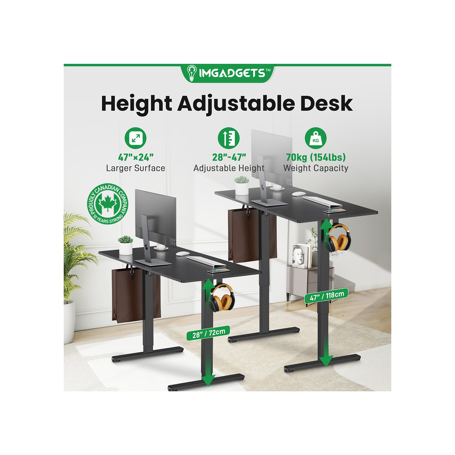 IMGadgets Standing Electric Adjustable Desk | 47'' x 24'' Large Workspace with 2 hooks | Ergonomic Sit-Stand Desk | 3-Memory Settings | Height