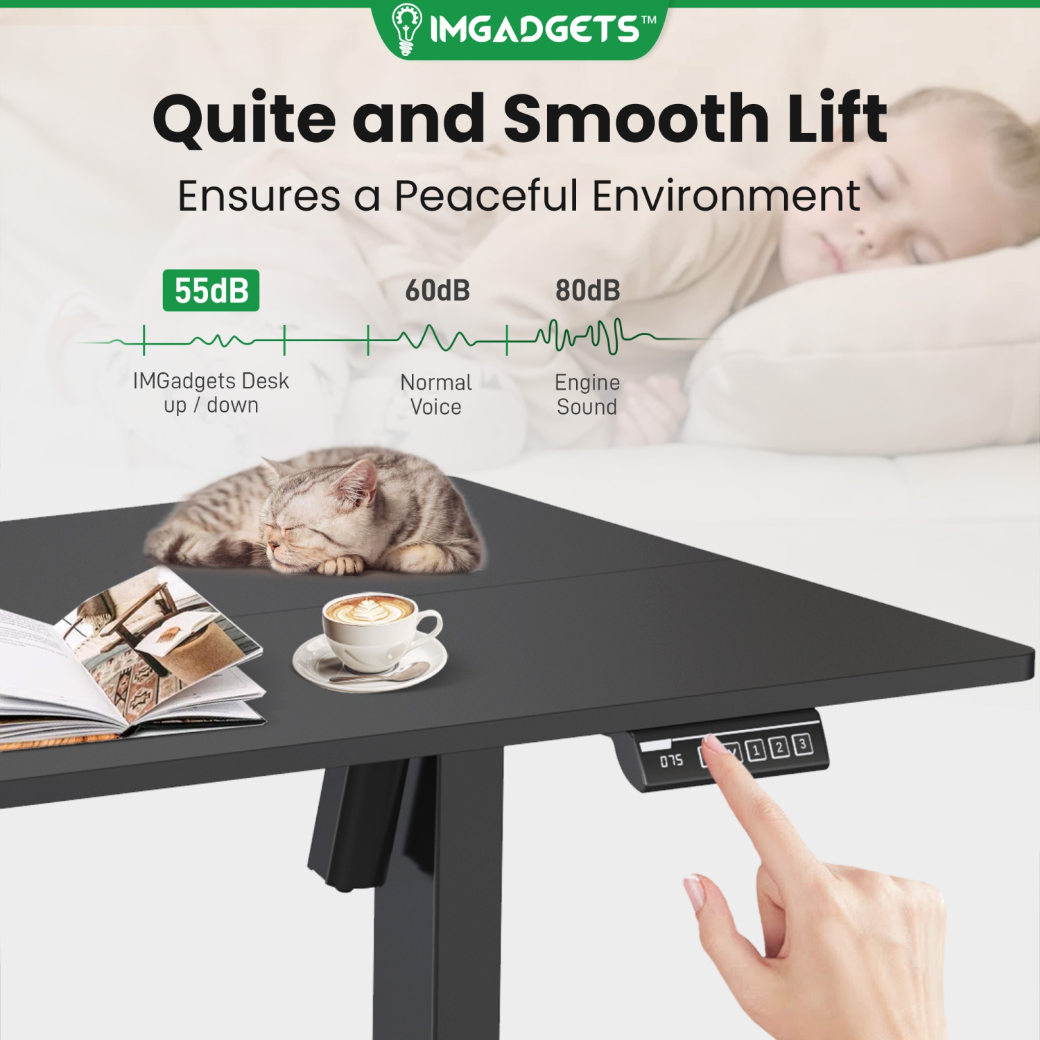 IMGadgets Standing Electric Adjustable Desk | 47'' x 24'' Large Workspace with 2 hooks | Ergonomic Sit-Stand Desk | 3-Memory Settings | Height