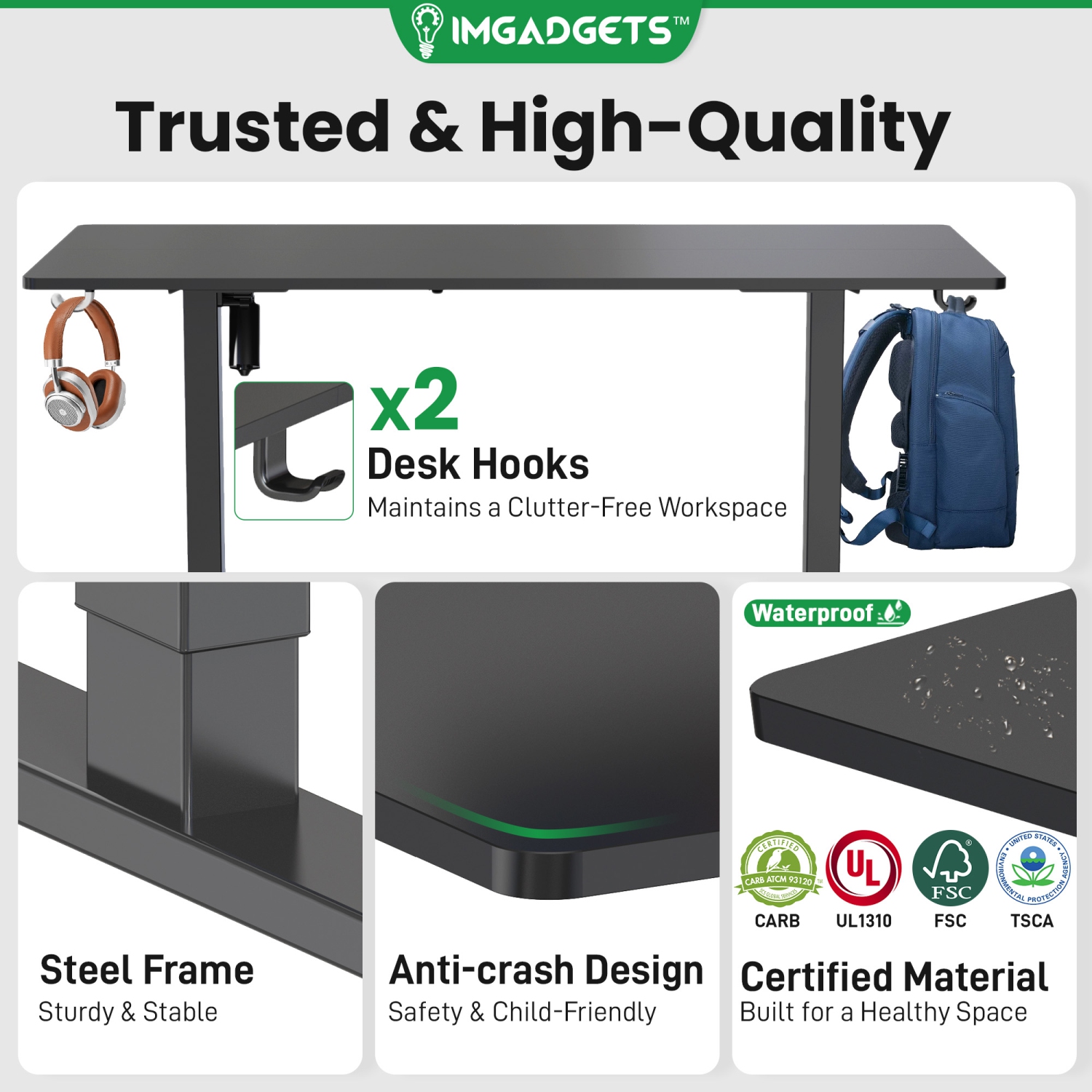 IMGadgets Standing Electric Adjustable Desk | 47'' x 24'' Large Workspace with 2 hooks | Ergonomic Sit-Stand Desk | 3-Memory Settings | Height