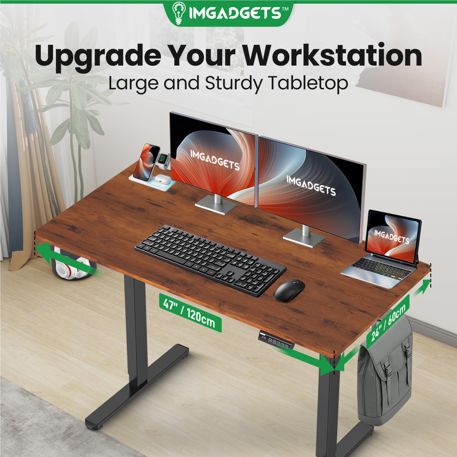 IMGadgets Standing Electric Adjustable Desk | 47'' x 24'' Large Workspace with 2 hooks | Ergonomic Sit-Stand Desk | 3-Memory Settings | Height