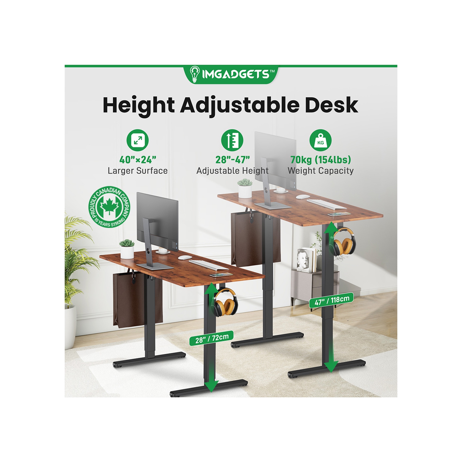 IMGadgets Standing Electric Adjustable Desk | 40'' x 24'' Large Workspace with 2 hooks | Ergonomic Sit-Stand Desk | 3-Memory Settings | Height