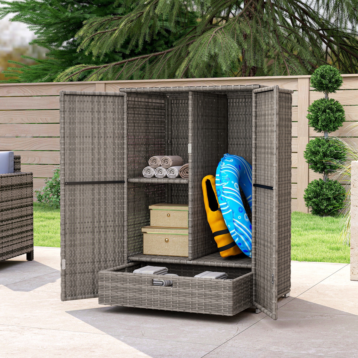Outsunny Wicker Outdoor Storage Cabinet with Shelves, 2-Door Rattan Pool Towel Storage Cabinet with Drawer & Removable Shelf, Pool Storage Organizer