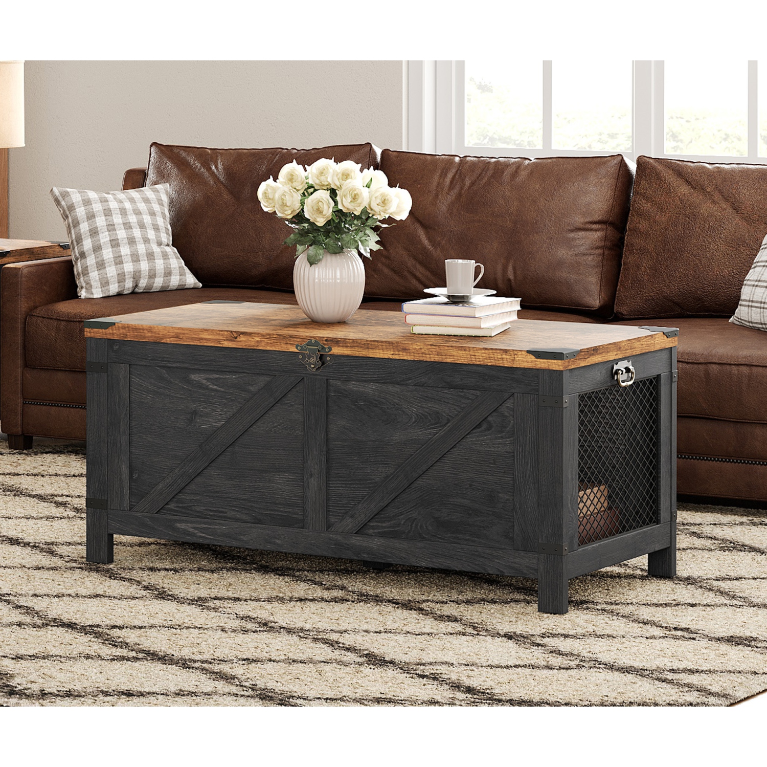 WAMPAT Lift Top Coffee Table for Living Room,Farmhouse Coffee Table with Hidden Storage,Small Accent Furniture with Mesh Cabinet and Rustic Lock,Dark