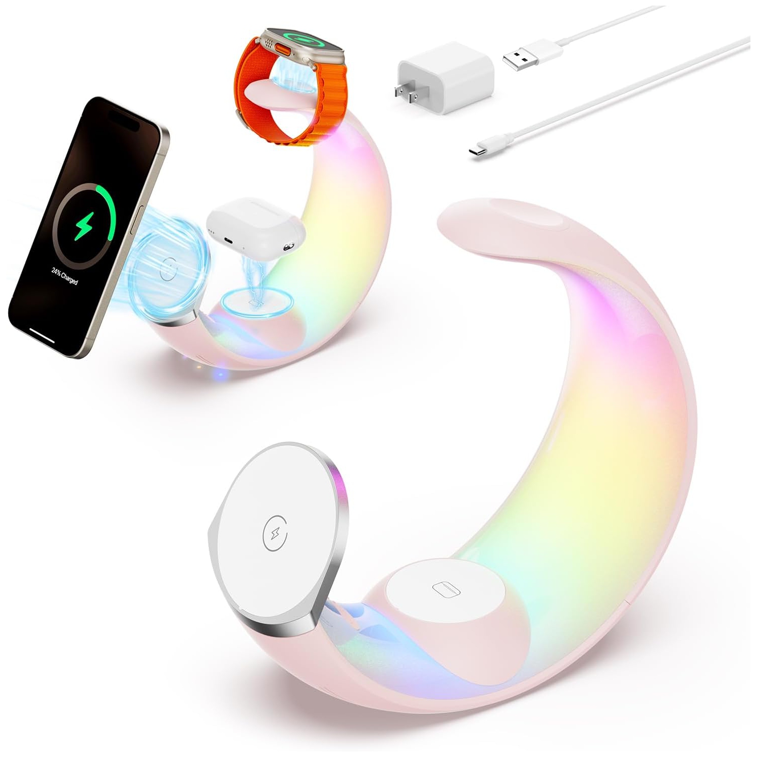 Wireless Charging Station with Lights, 4 in 1 Bedroom Night Light for Kids Adults, Ideal for Birthday Gifts/White Elephant Gifts for Adults/Gifts for