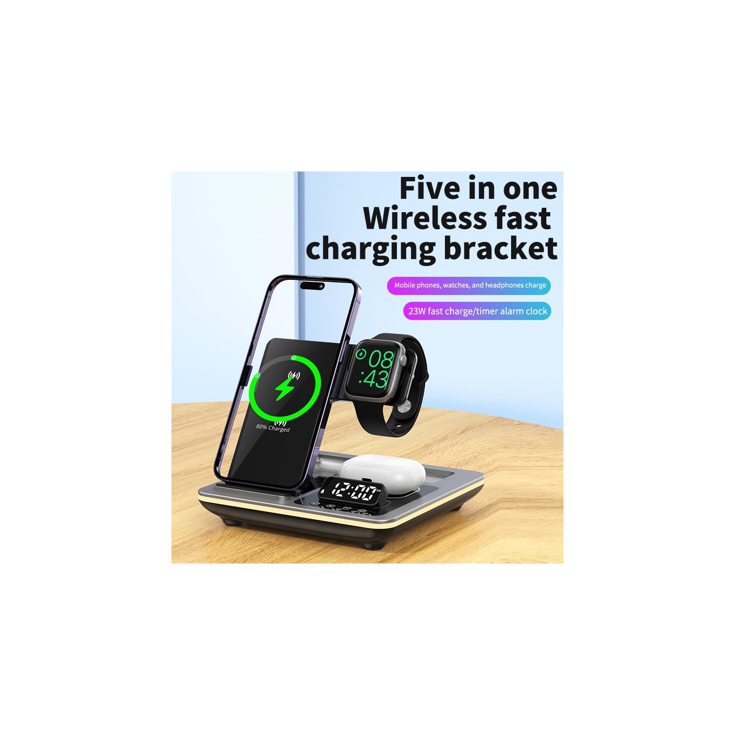 Five-in-One Foldable Wireless Charging Station - Adjustable Charging Stand, Multi-Device Compatible Charging Station and Clock-Apple Series Exclusive
