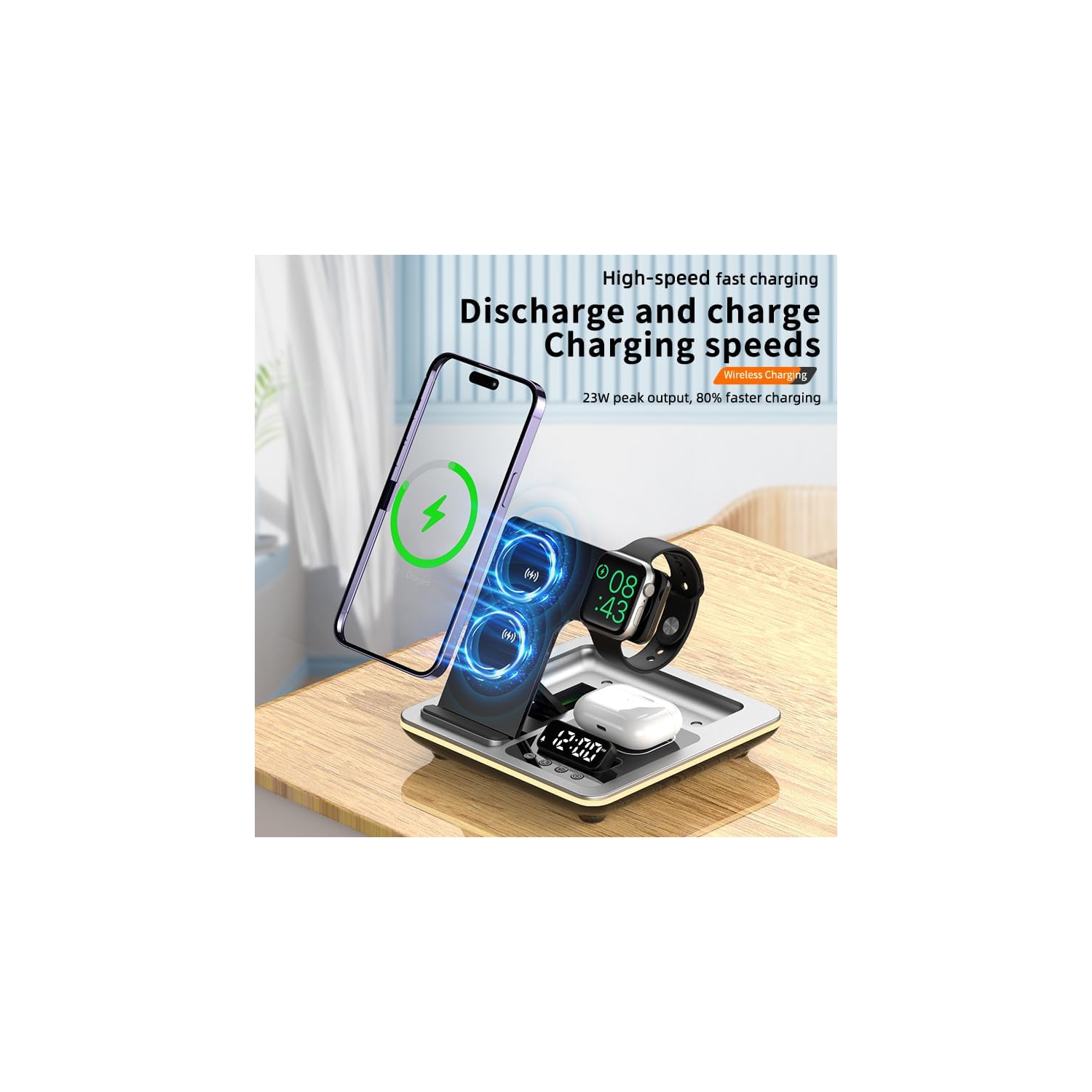 Five-in-One Foldable Wireless Charging Station - Adjustable Charging Stand, Multi-Device Compatible Charging Station and Clock-Apple Series Exclusive