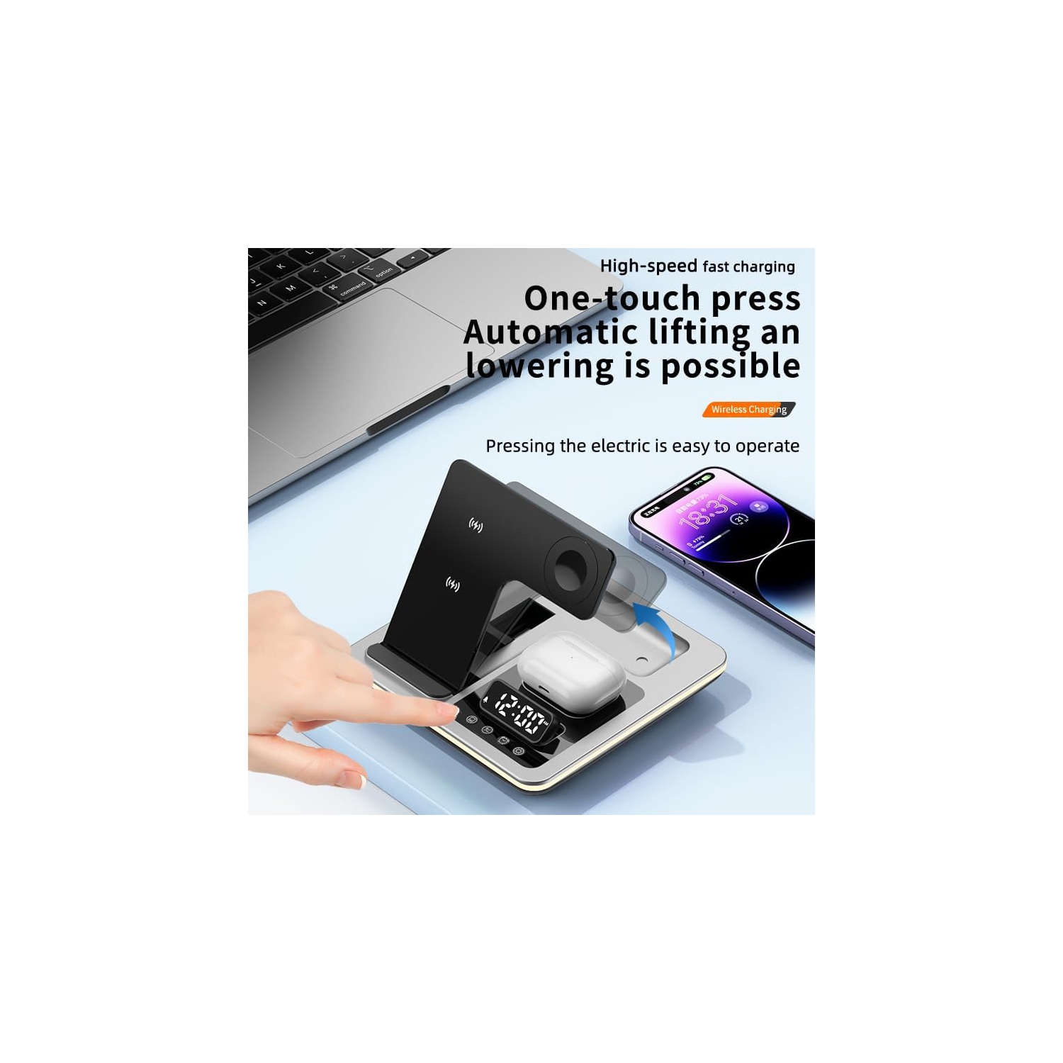 Five-in-One Foldable Wireless Charging Station - Adjustable Charging Stand, Multi-Device Compatible Charging Station and Clock-Apple Series Exclusive