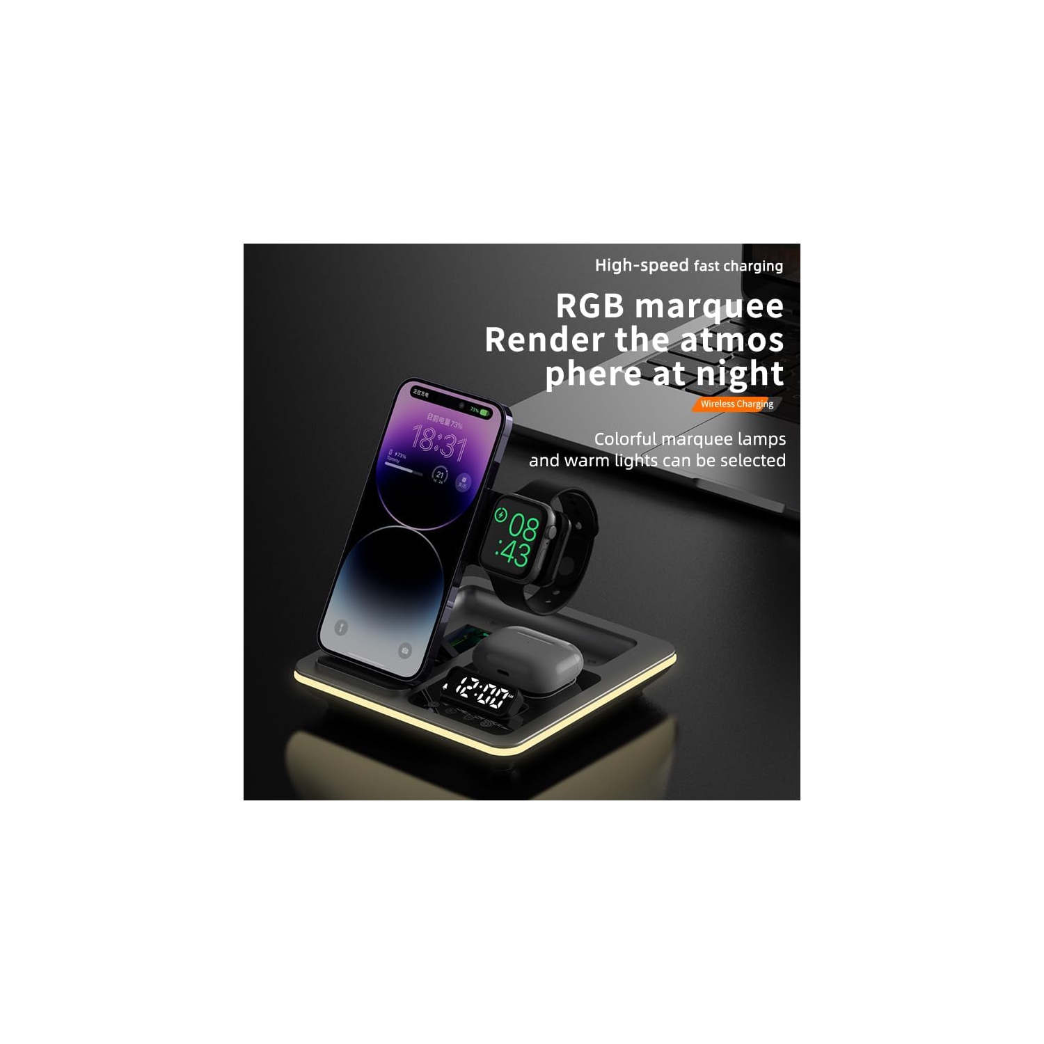 Five-in-One Foldable Wireless Charging Station - Adjustable Charging Stand, Multi-Device Compatible Charging Station and Clock-Apple Series Exclusive