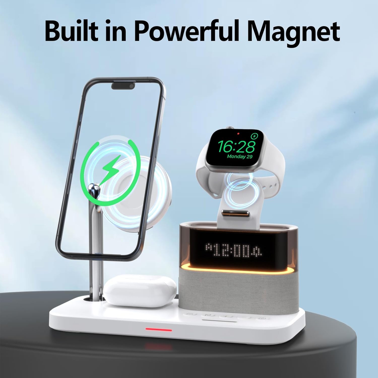 Chargeur sans fil 5-en-1 avec veilleuse pour Apple, station de chargement sans danger pour iPhone 16/15/14/13/12, Apple Watch série 10/9/Ultra