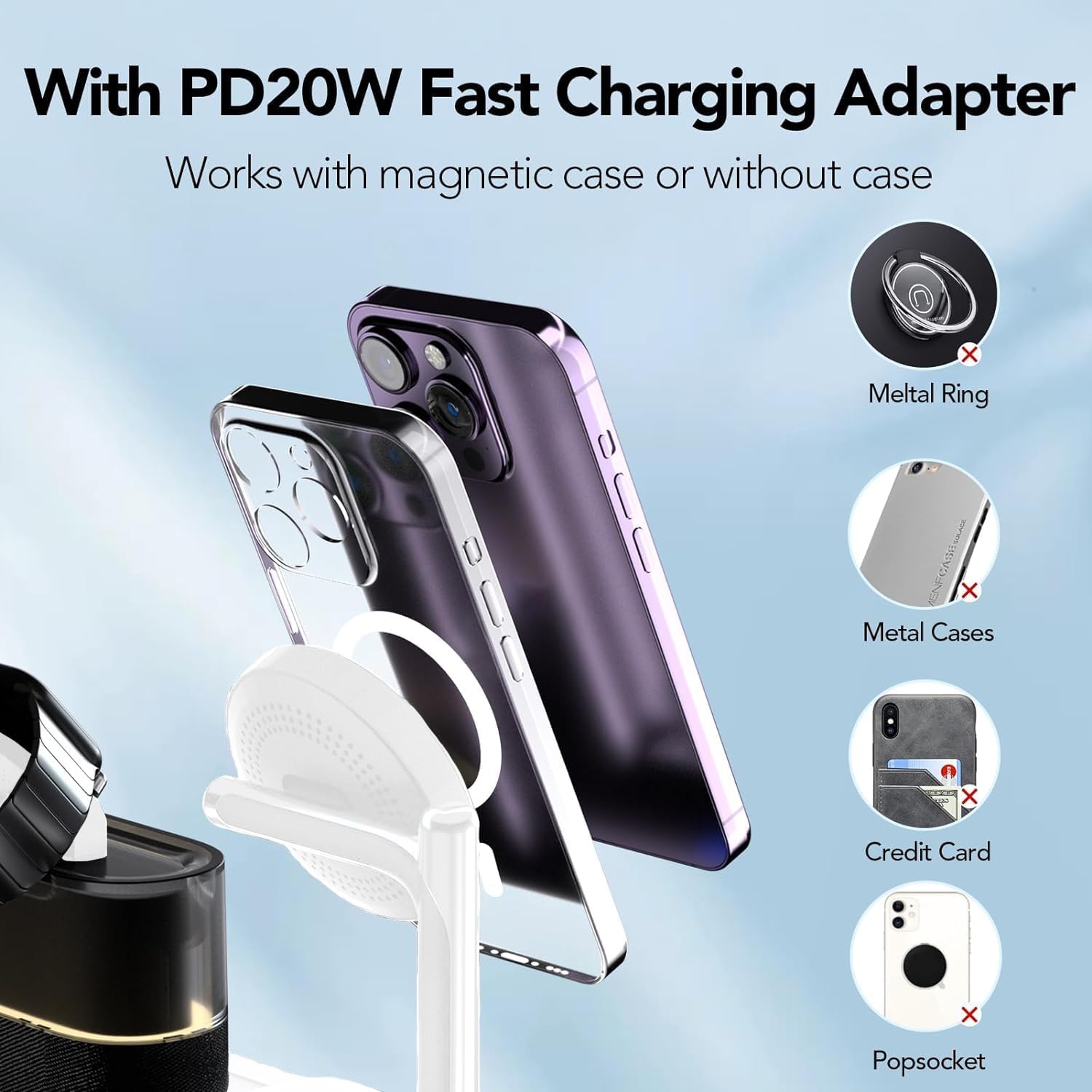 Chargeur sans fil 5-en-1 avec veilleuse pour Apple, station de chargement sans danger pour iPhone 16/15/14/13/12, Apple Watch série 10/9/Ultra