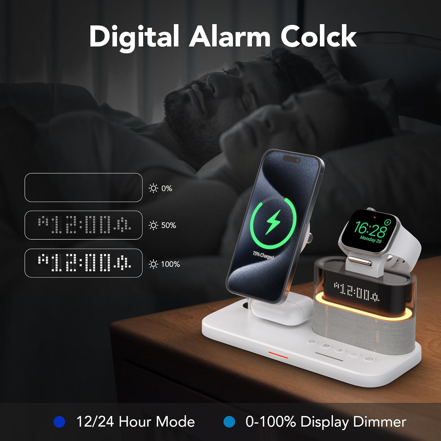 Chargeur sans fil 5-en-1 avec veilleuse pour Apple, station de chargement sans danger pour iPhone 16/15/14/13/12, Apple Watch série 10/9/Ultra