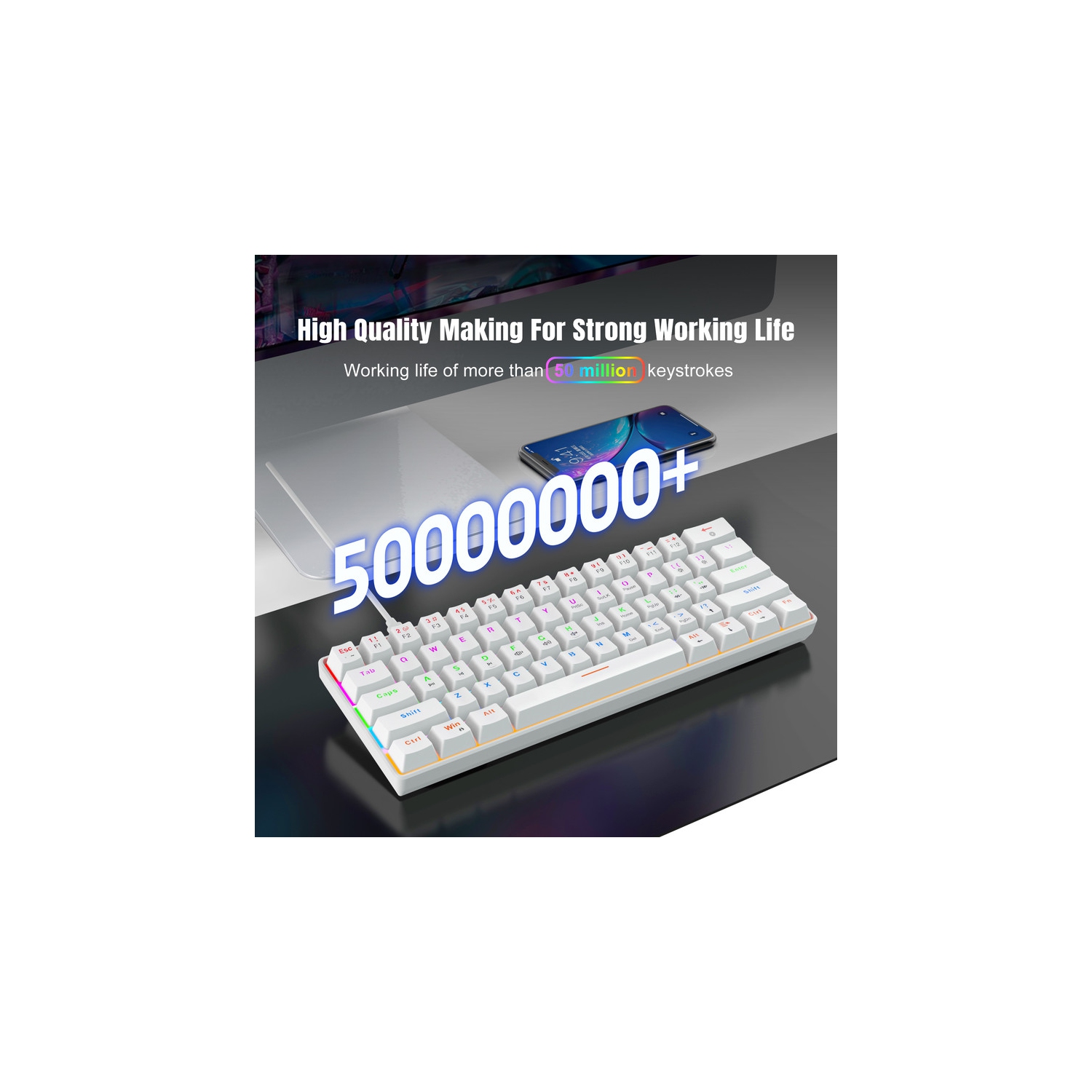 Clavier de jeu mécanique à 60 %, touches bleues, clavier de jeu rétroéclairé coloré avec fil, touches Pudding compactes