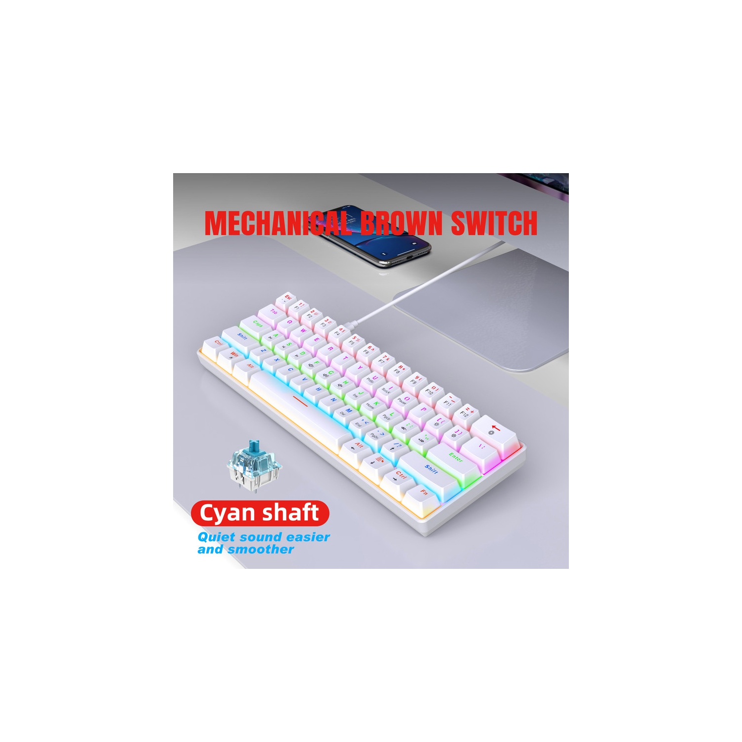 Clavier de jeu mécanique à 60 %, touches bleues, clavier de jeu rétroéclairé coloré avec fil, touches Pudding compactes