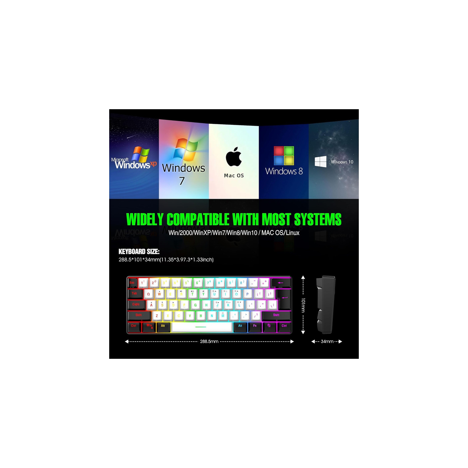 60% wired game keyboard, RGB backlit ultra-small keyboard, waterproof portable, computer/MAC game keyboard
