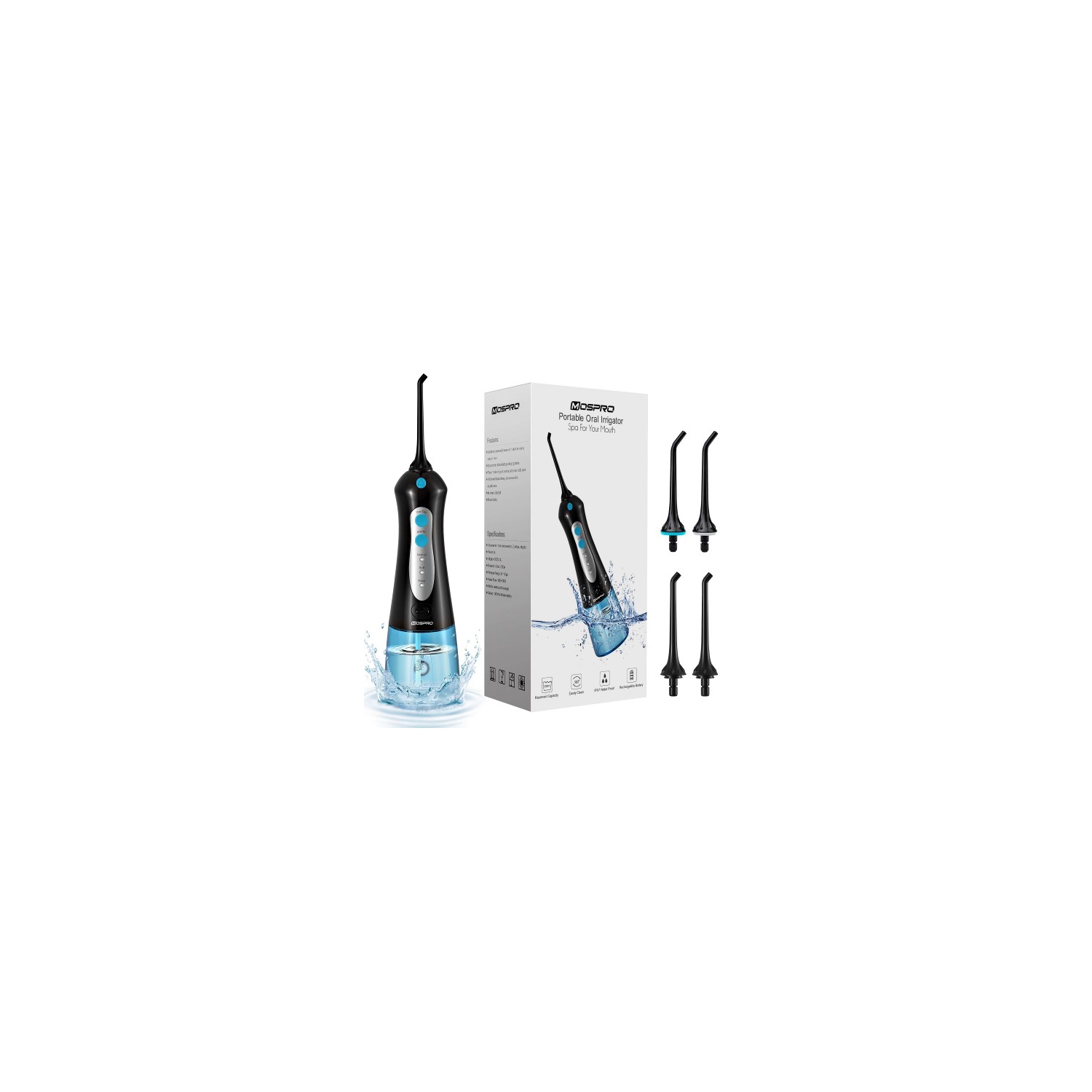 MOSPRO Electric Water Flosser, Dental Oral Irrigator with 4 Jet Tips, 3 Modes, 300ML Water Tank, USB Rechargeable for Teeth, Gums, Braces, Dental Care