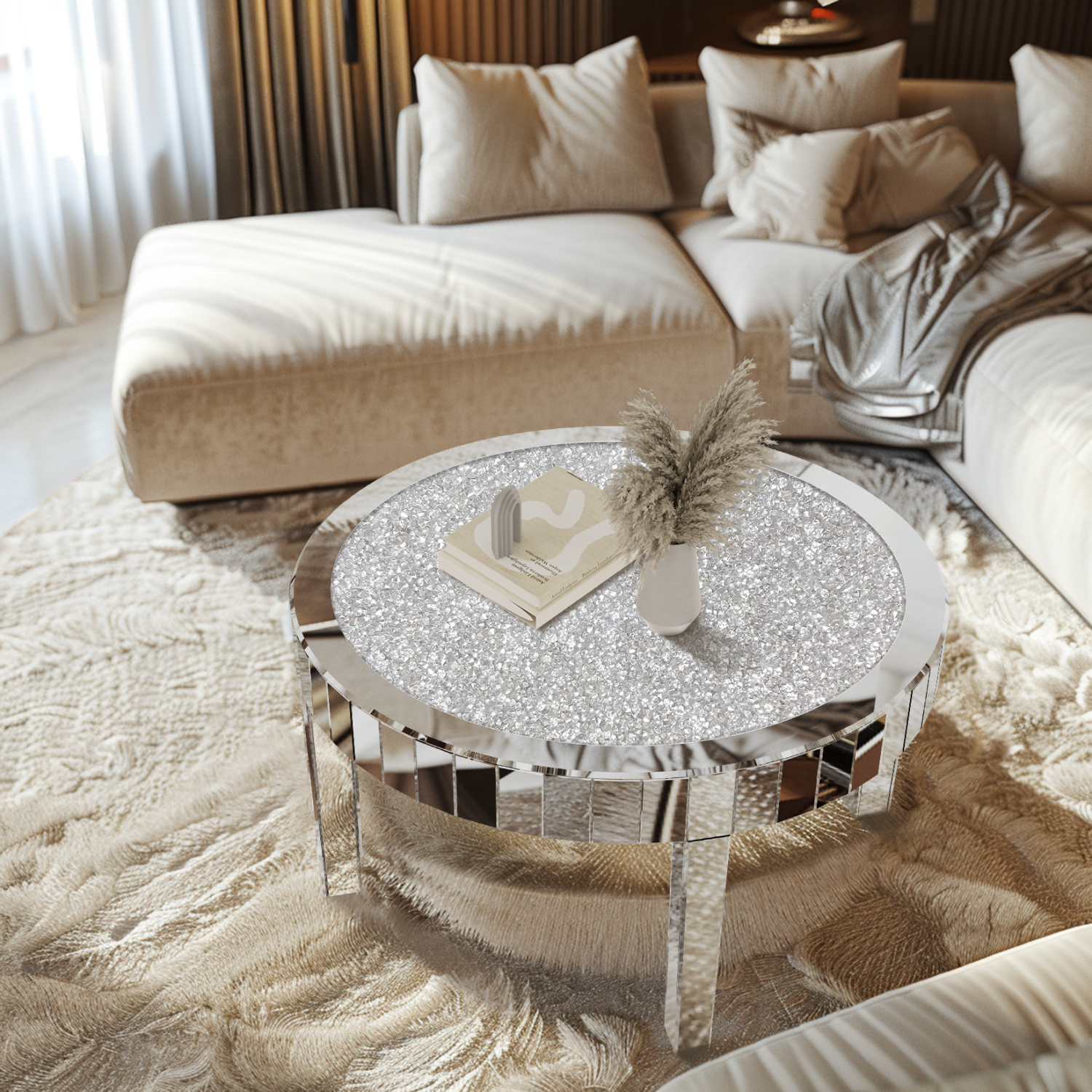 Modern Mirrored Coffee Table Luxury Diamond Crystal Round Silver Accent Table Beveled Glass Edge End Table for Living Room Bedroom
