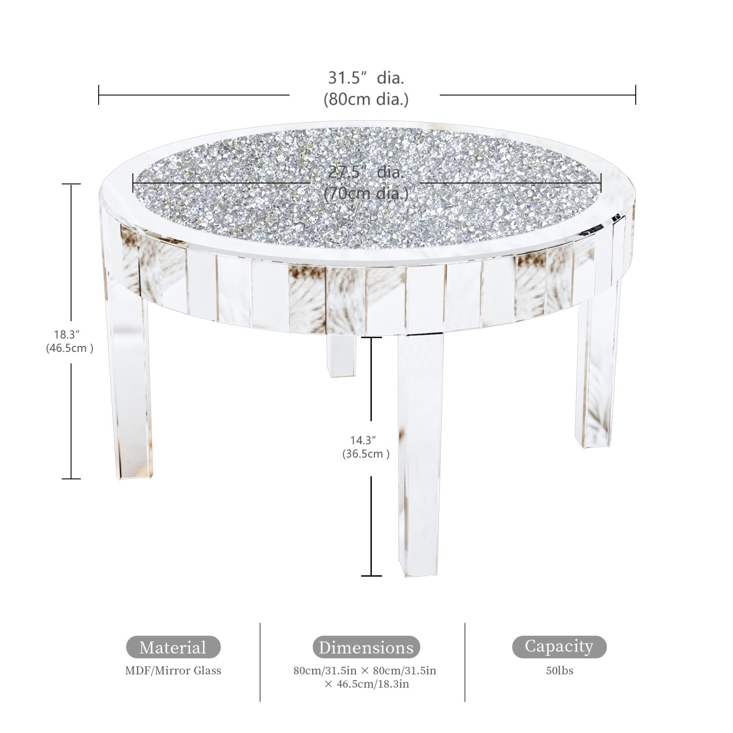 Modern Mirrored Coffee Table Luxury Diamond Crystal Round Silver Accent Table Beveled Glass Edge End Table for Living Room Bedroom