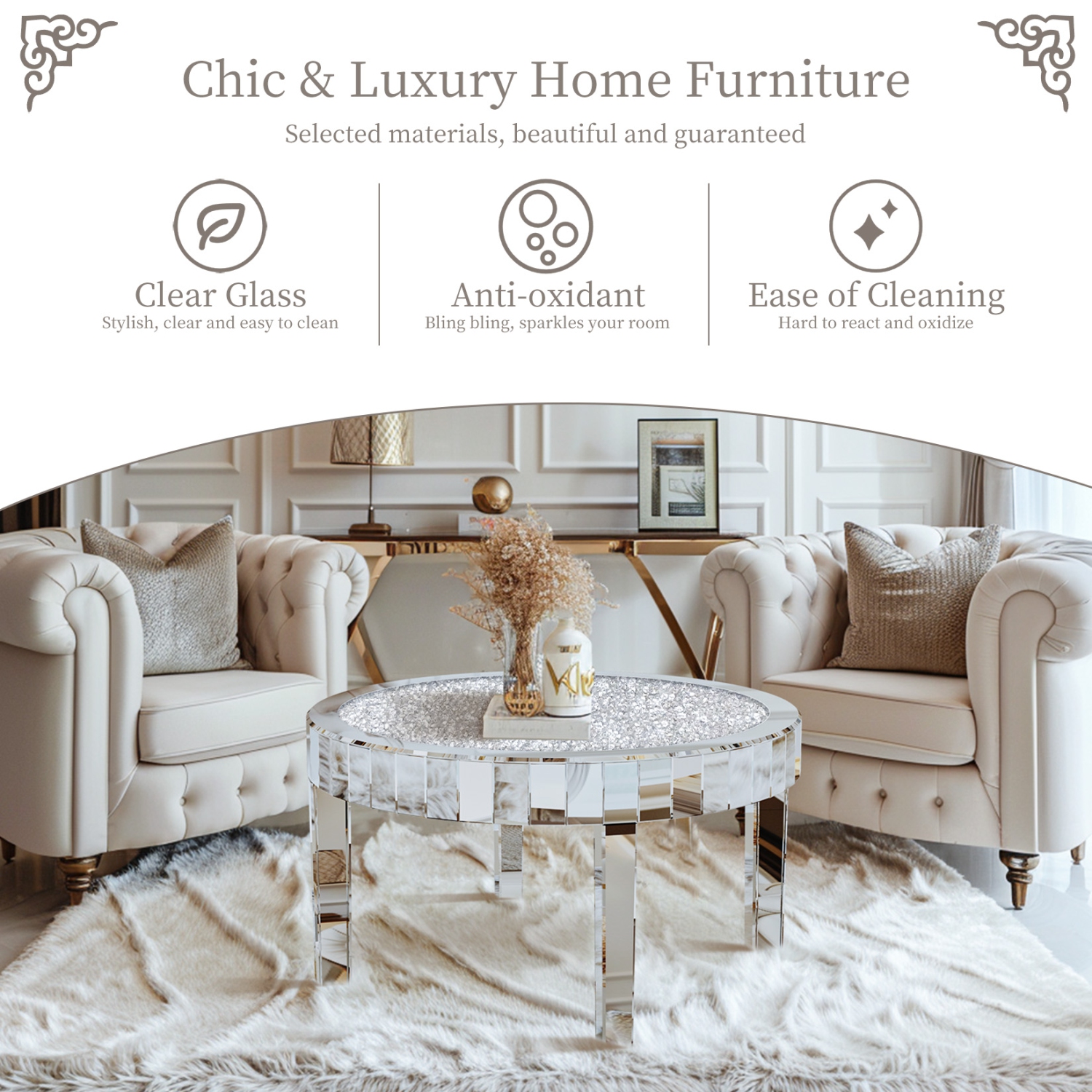 Modern Mirrored Coffee Table Luxury Diamond Crystal Round Silver Accent Table Beveled Glass Edge End Table for Living Room Bedroom