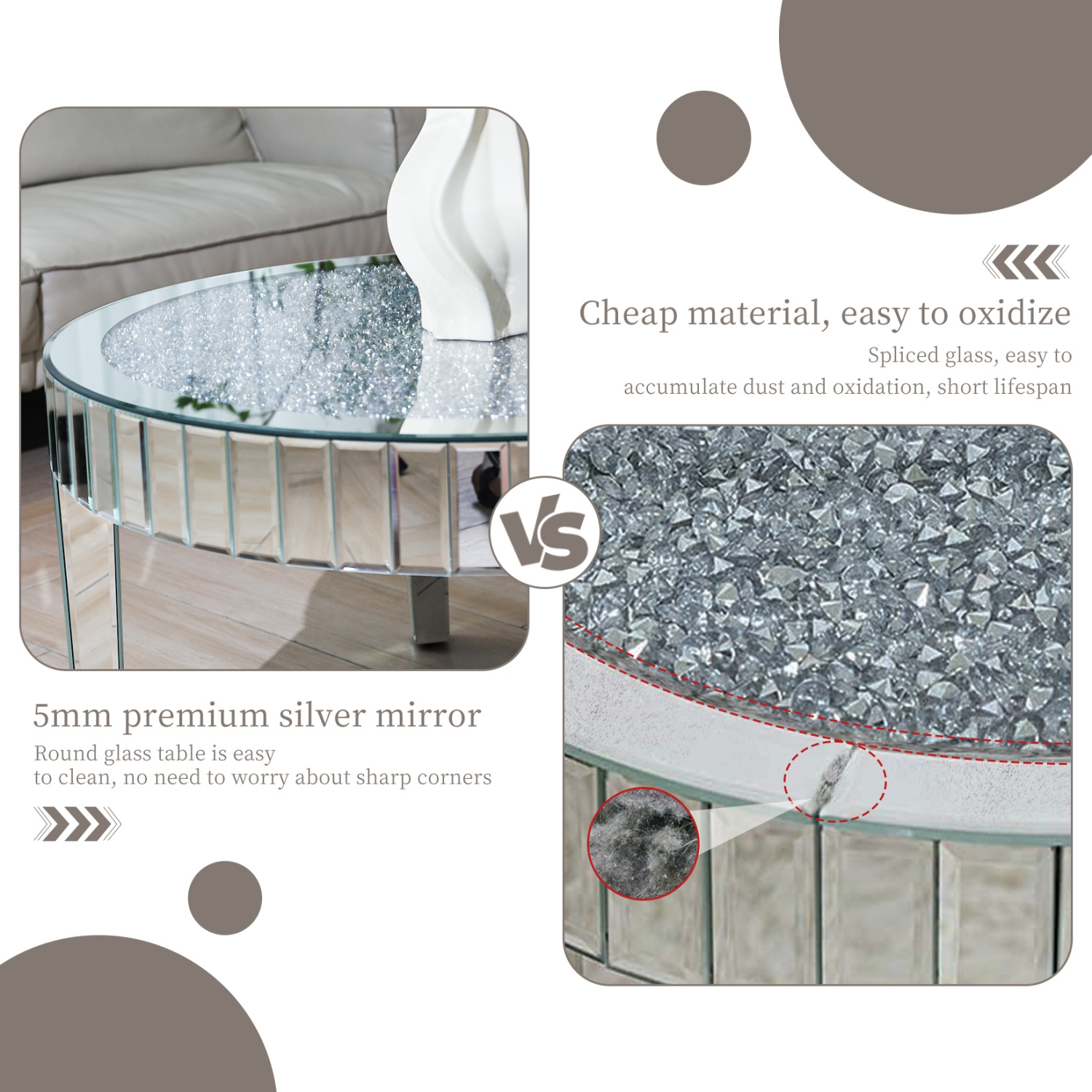 Modern Mirrored Coffee Table Luxury Diamond Crystal Round Silver Accent Table Beveled Glass Edge End Table for Living Room Bedroom