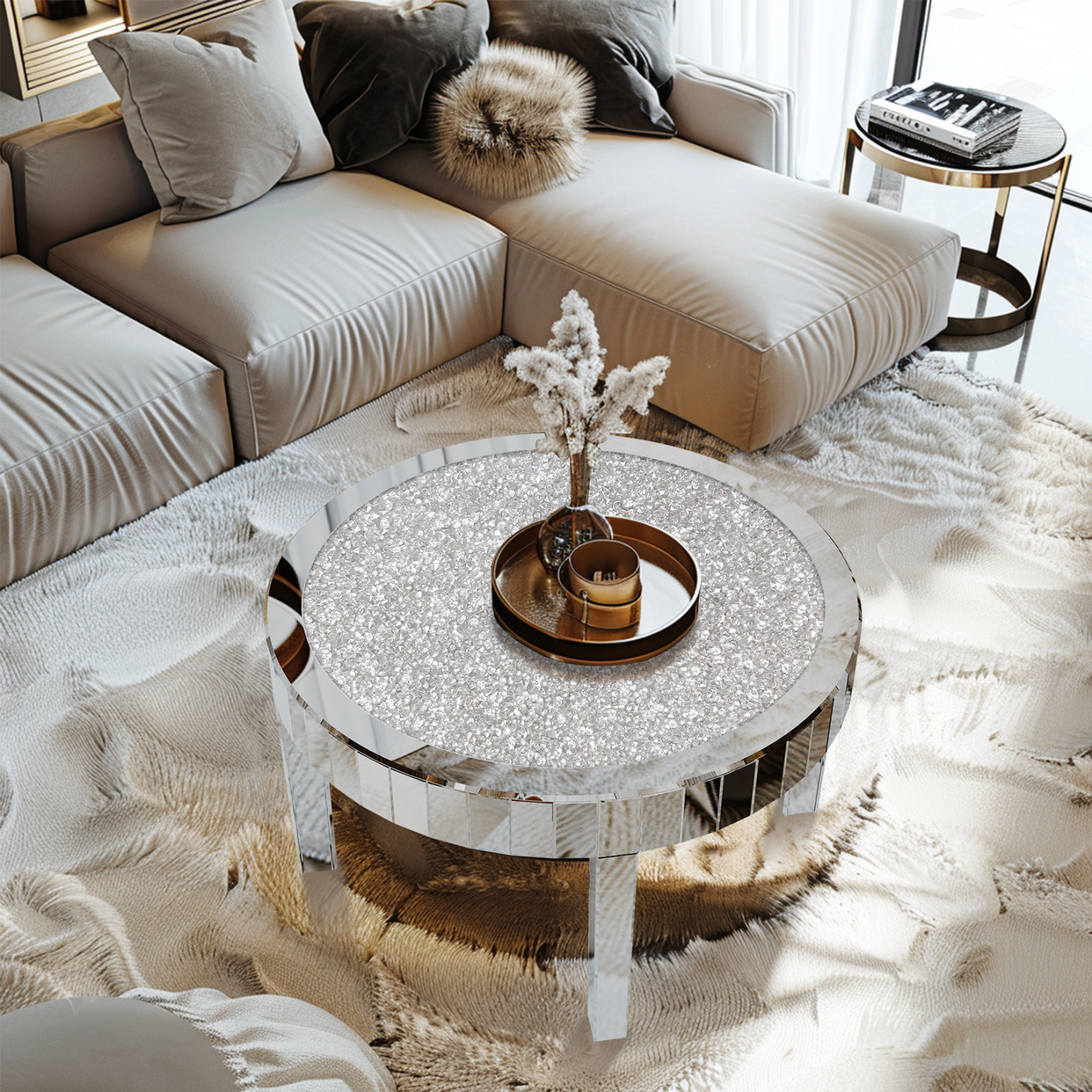 Modern Mirrored Coffee Table Luxury Diamond Crystal Round Silver Accent Table Beveled Glass Edge End Table for Living Room Bedroom