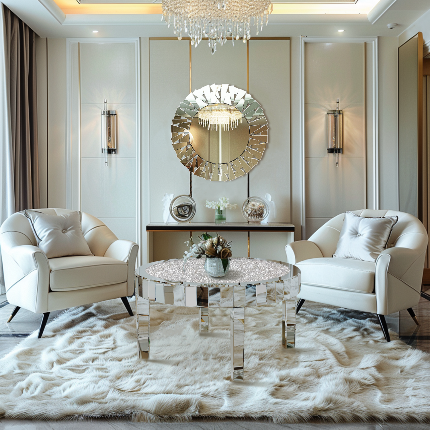 Modern Mirrored Coffee Table Luxury Diamond Crystal Round Silver Accent Table Beveled Glass Edge End Table for Living Room Bedroom