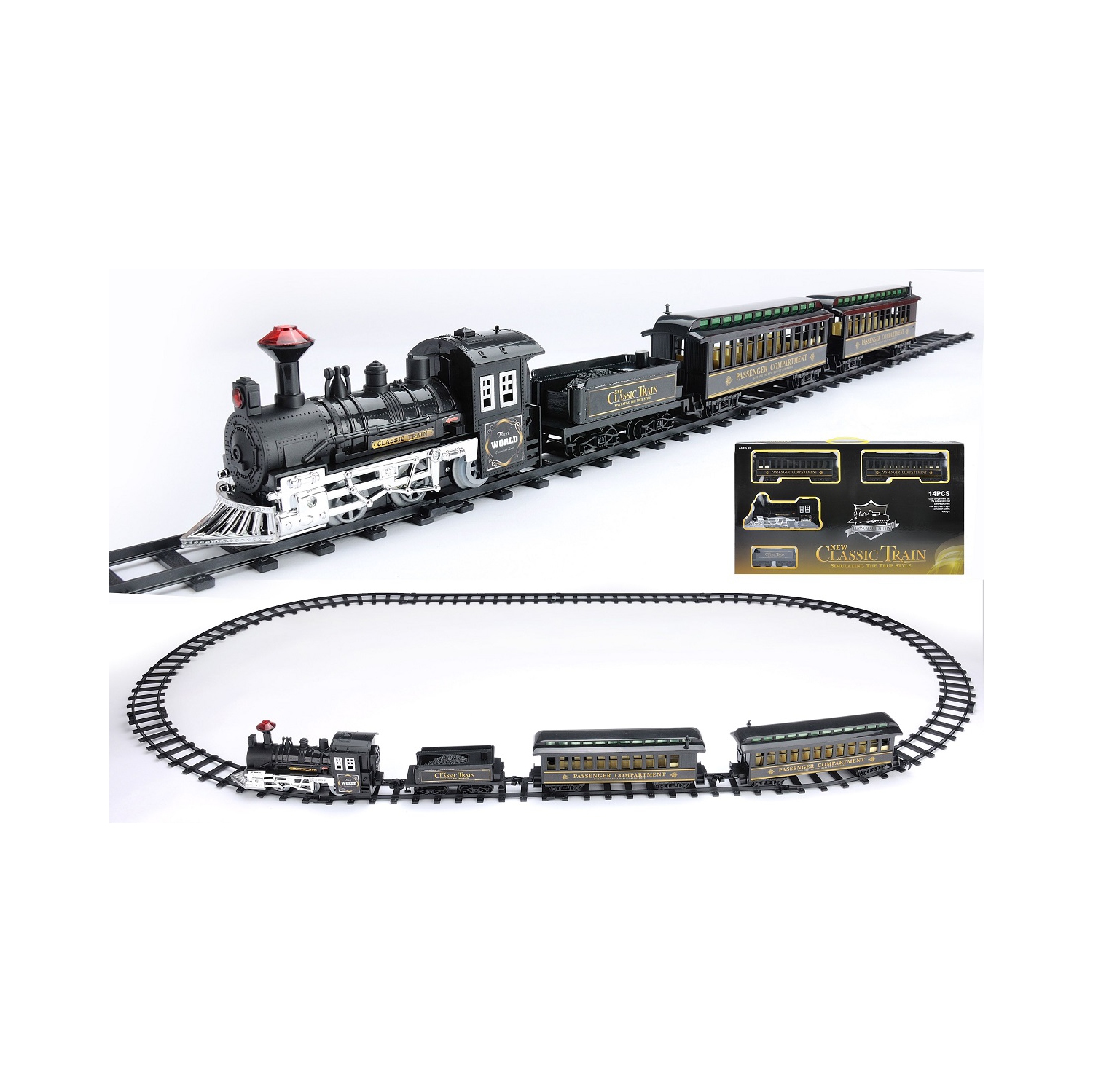 Ensemble de train classique illuminé et animé à piles avec son 10,5&nbsp;po, 14 pièces