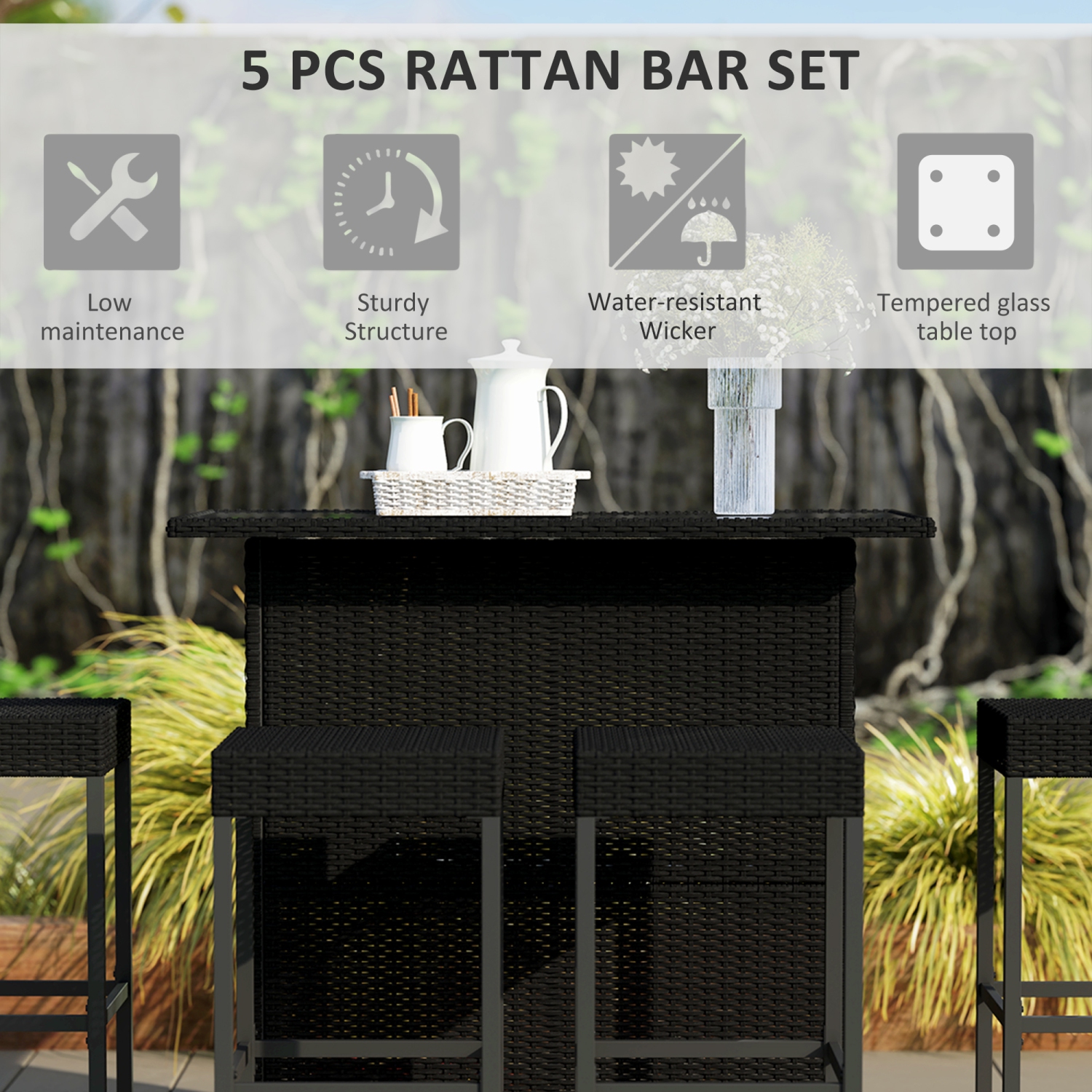 Outsunny 5 Pieces Patio Bar Set, Outdoor PE Rattan Wicker High Top Outdoor Table and Chairs Outdoor Bar Set with Tempered Glass Top Bar Table and