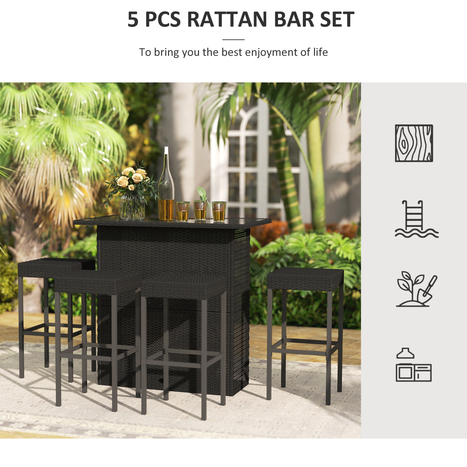 Outsunny 5 Pieces Patio Bar Set, Outdoor PE Rattan Wicker High Top Outdoor Table and Chairs Outdoor Bar Set with Tempered Glass Top Bar Table and