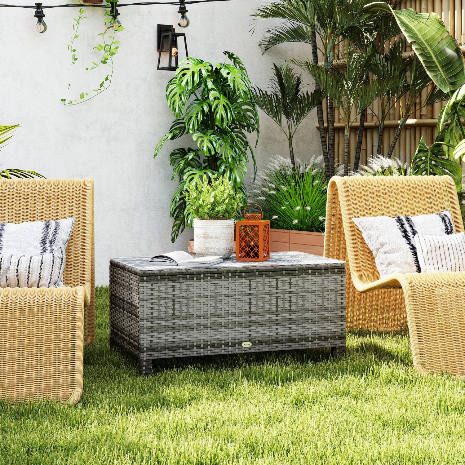 Outsunny Rattan Coffee Table, Patio Side Table, Hand-woven Wicker Furniture with Tempered Glass Top Outdoor Garden Patio, Grey