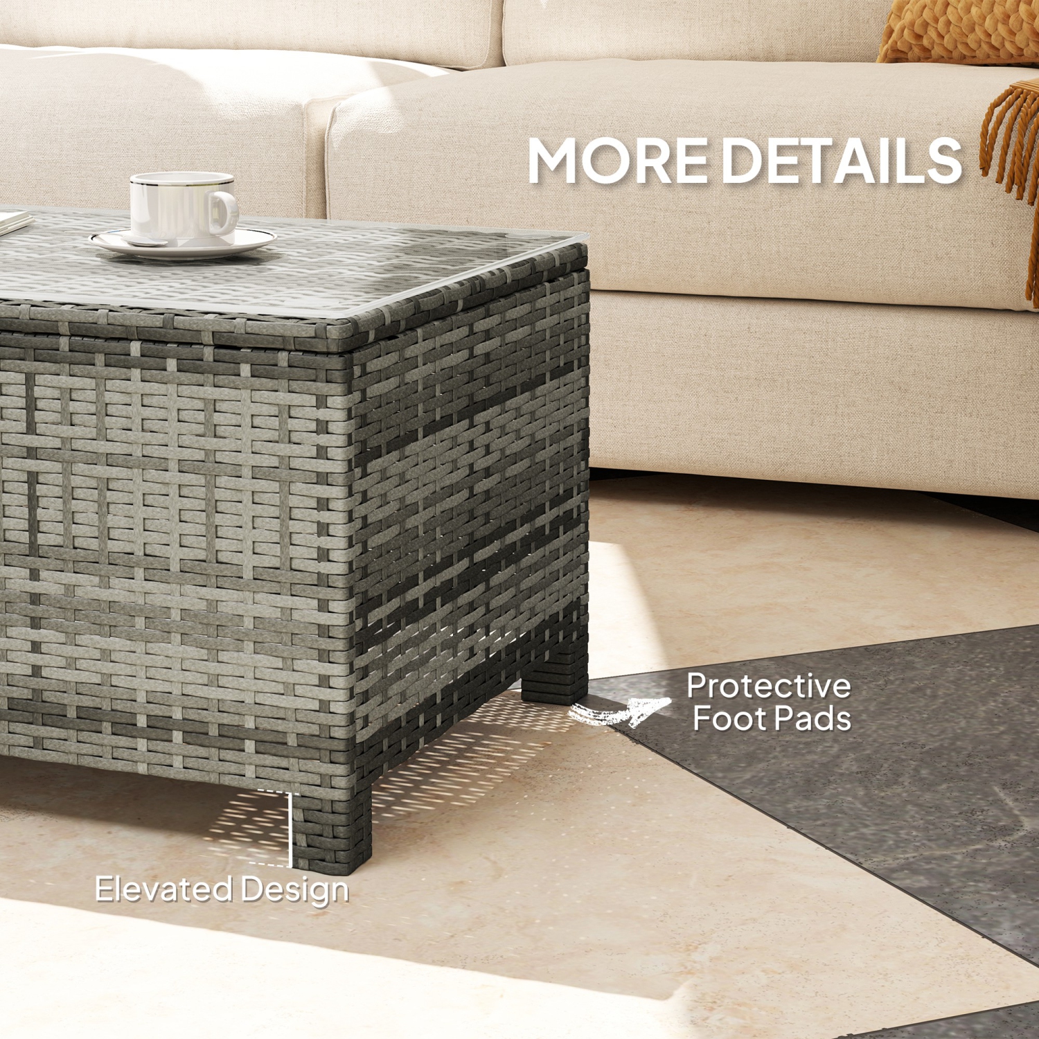 Outsunny Rattan Coffee Table, Patio Side Table, Hand-woven Wicker Furniture with Tempered Glass Top Outdoor Garden Patio, Grey