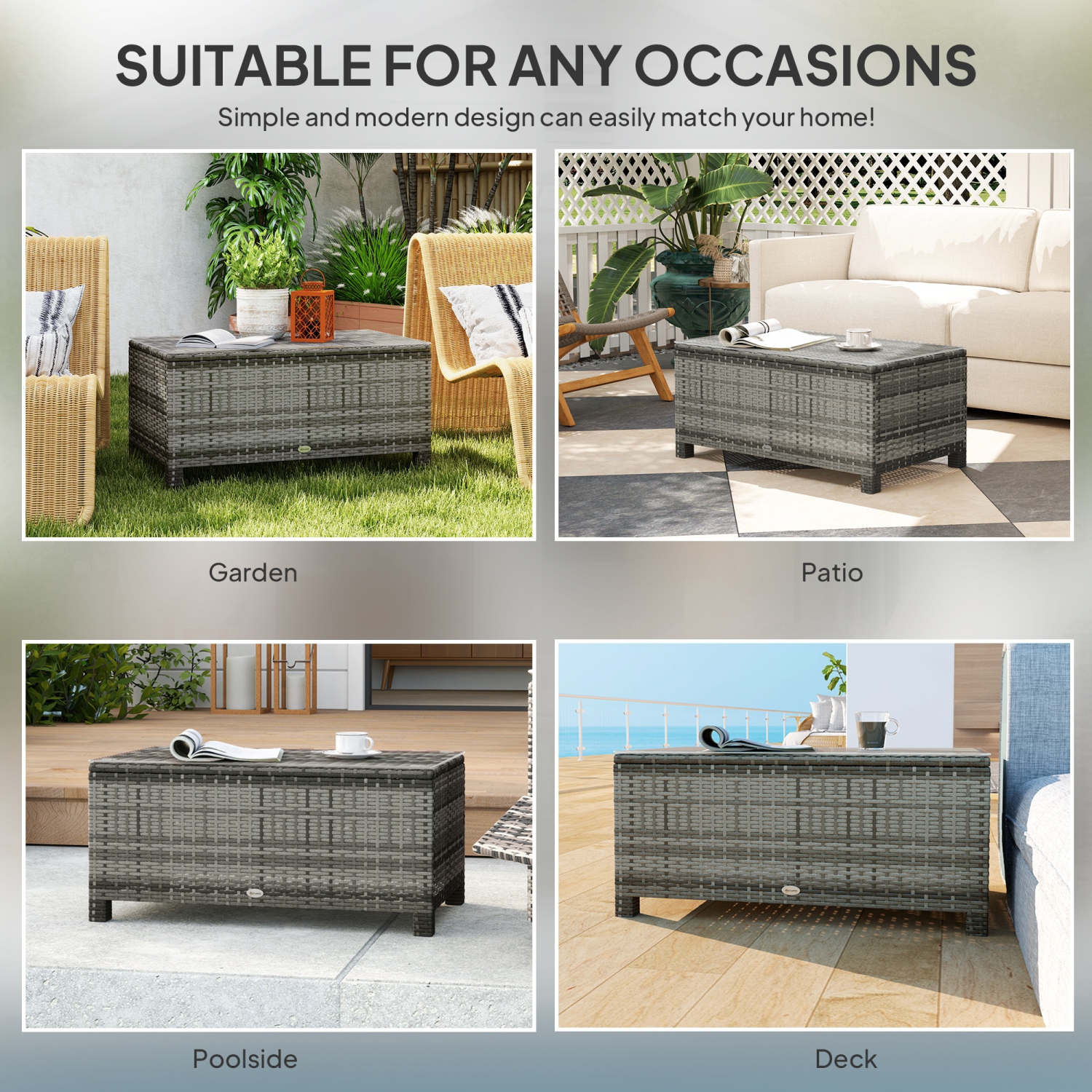 Outsunny Rattan Coffee Table, Patio Side Table, Hand-woven Wicker Furniture with Tempered Glass Top Outdoor Garden Patio, Grey