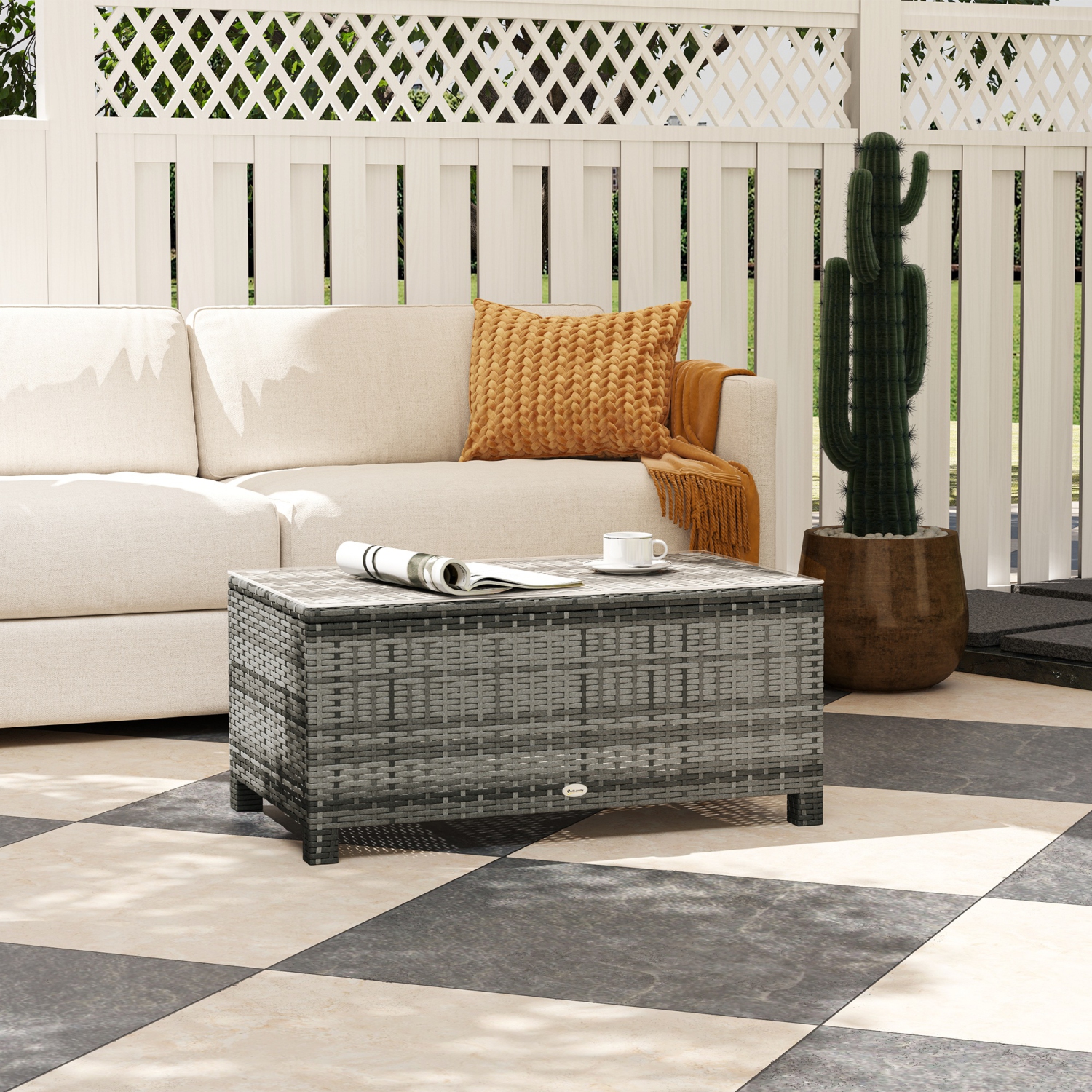 Outsunny Rattan Coffee Table, Patio Side Table, Hand-woven Wicker Furniture with Tempered Glass Top Outdoor Garden Patio, Grey