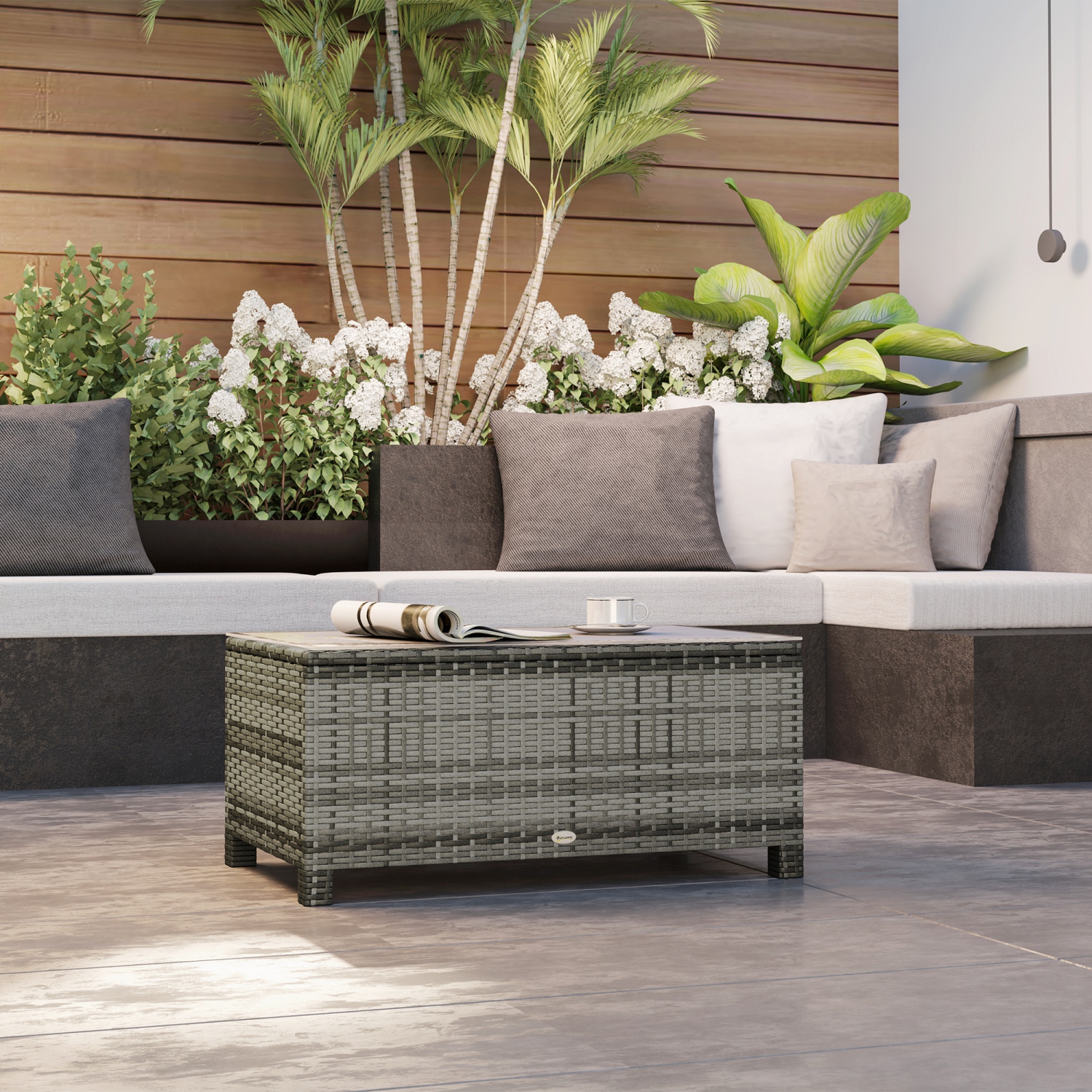 Outsunny Rattan Coffee Table, Patio Side Table, Hand-woven Wicker Furniture with Tempered Glass Top Outdoor Garden Patio, Grey