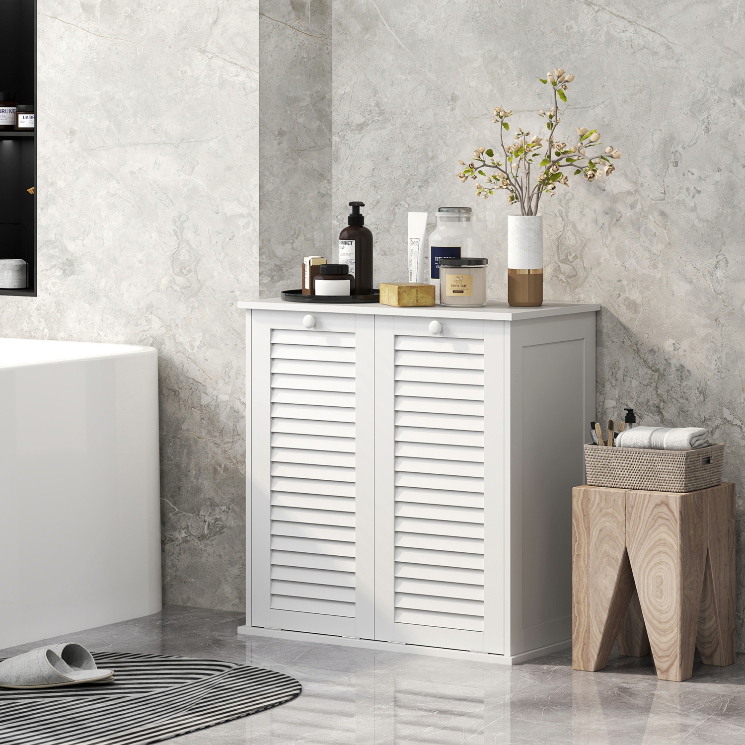 HOMCOM – Armoire à linge, armoire à linge avec portes à persiennes et 2 paniers, armoire à linge pour salle de lavage, salle de bains, blanc