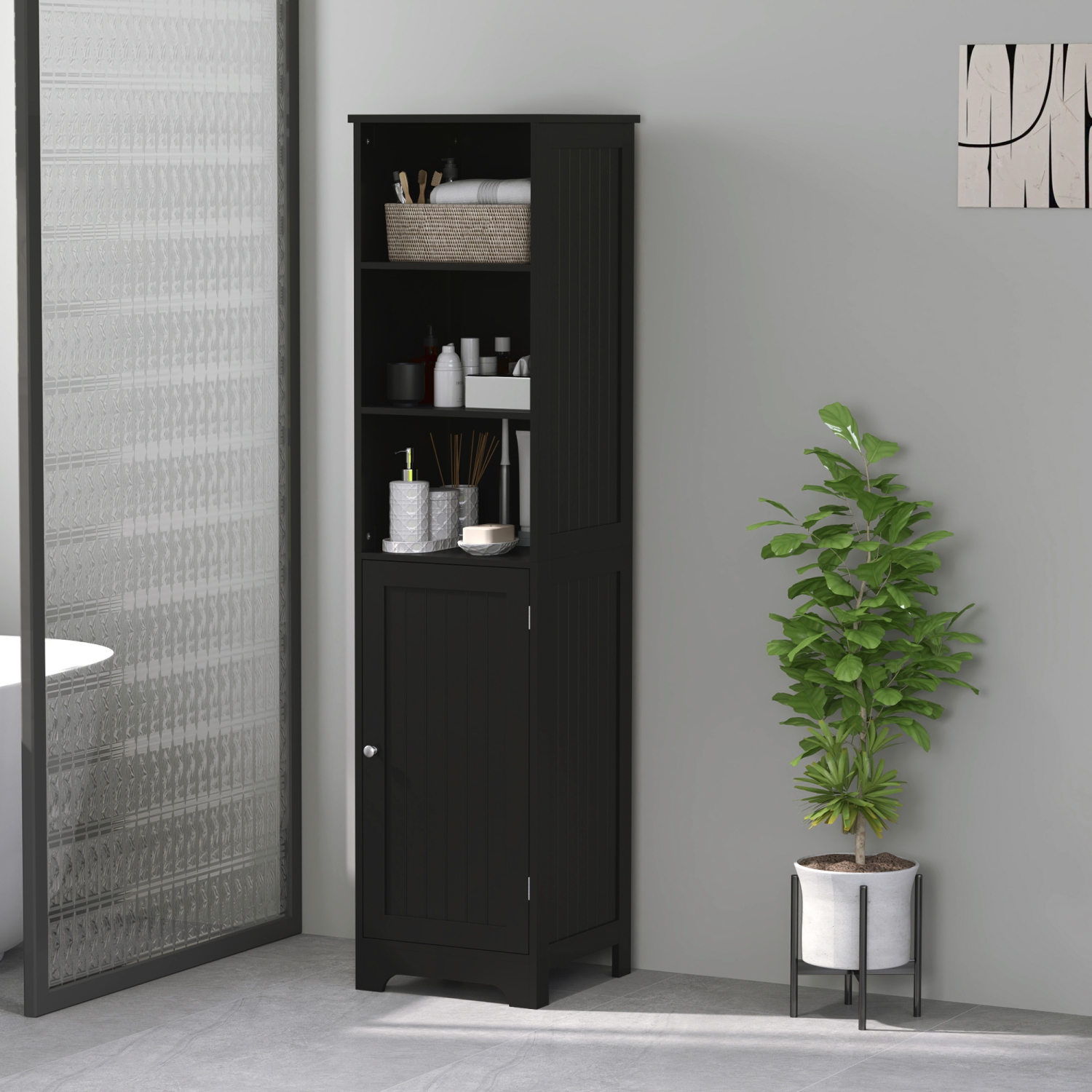 Armoire de salle de bain étroite kleankin, grande armoire de rangement pour salle de bain, armoire en lin autonome avec tablette réglable, 3