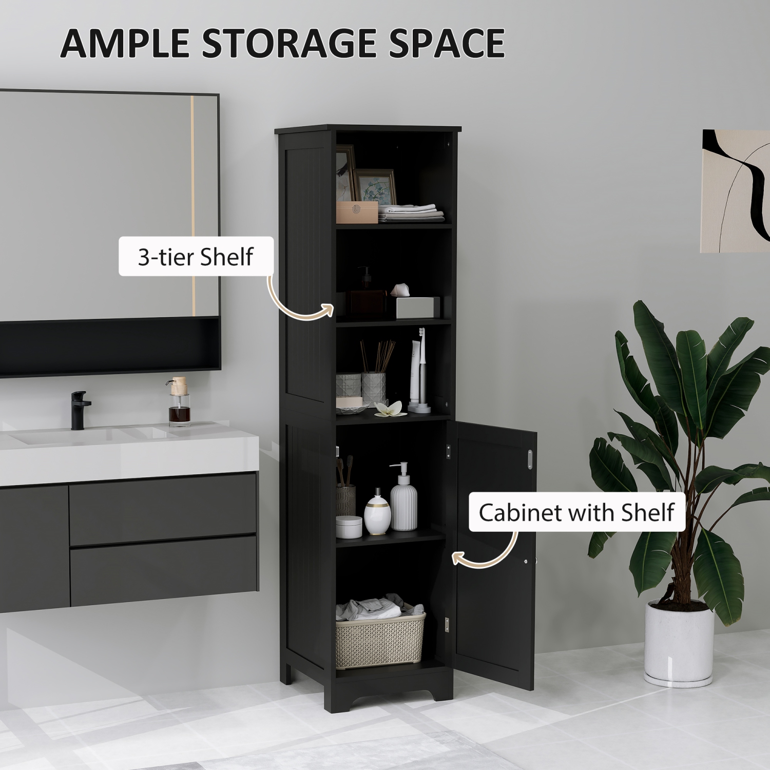 Armoire de salle de bain étroite kleankin, grande armoire de rangement pour salle de bain, armoire en lin autonome avec tablette réglable, 3