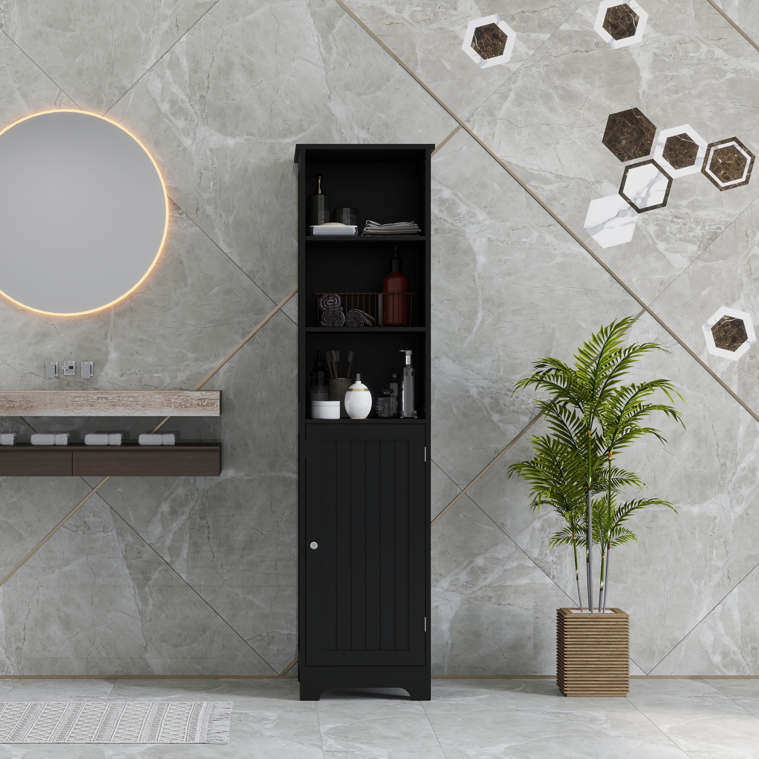 Armoire de salle de bain étroite kleankin, grande armoire de rangement pour salle de bain, armoire en lin autonome avec tablette réglable, 3