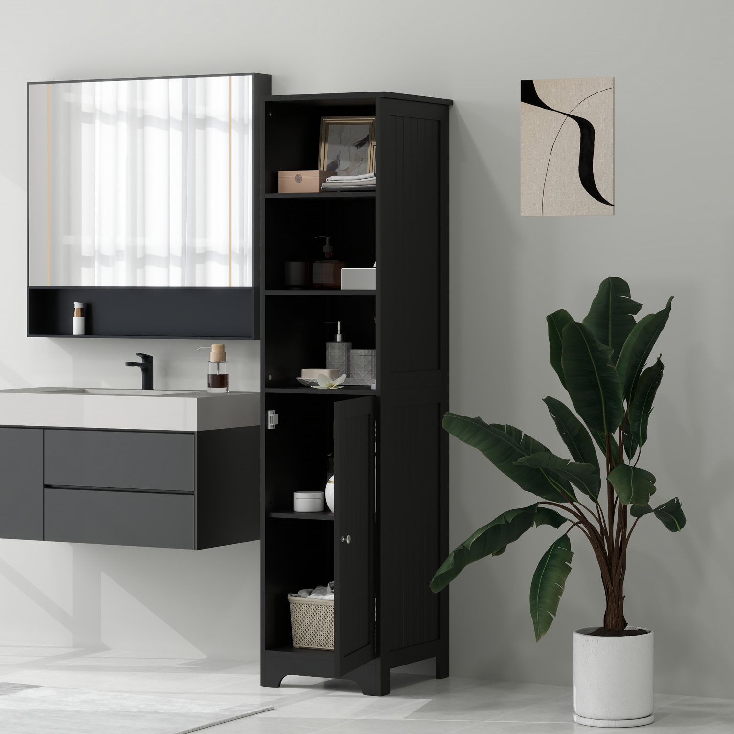 Armoire de salle de bain étroite kleankin, grande armoire de rangement pour salle de bain, armoire en lin autonome avec tablette réglable, 3