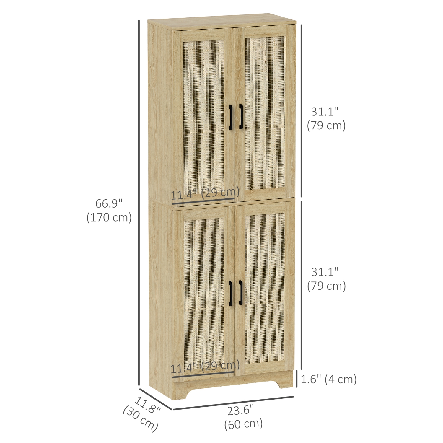 HOMCOM – Armoire garde-manger autonome de 67&nbsp;po, 4 portes en rotin et tablettes ajustables, chêne