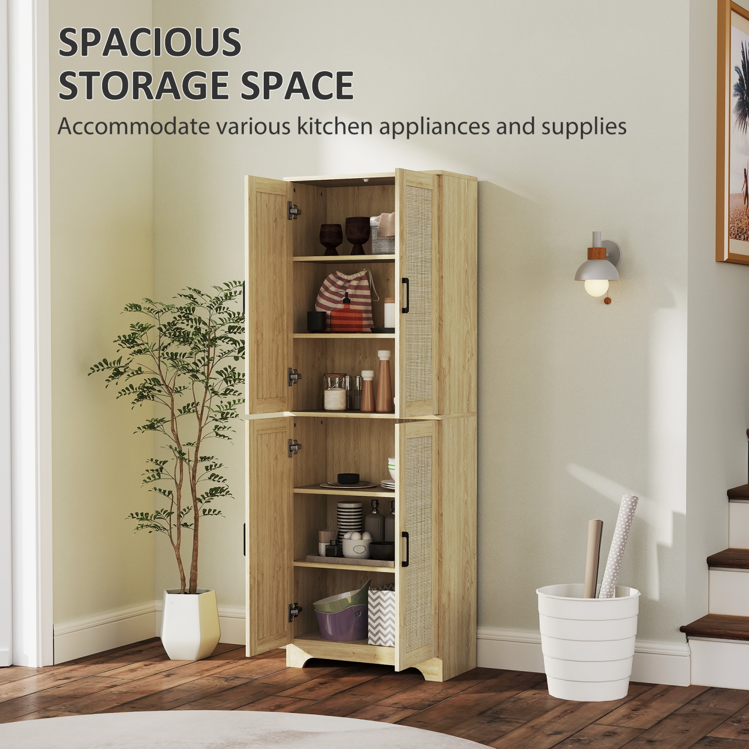 HOMCOM – Armoire garde-manger autonome de 67&nbsp;po, 4 portes en rotin et tablettes ajustables, chêne
