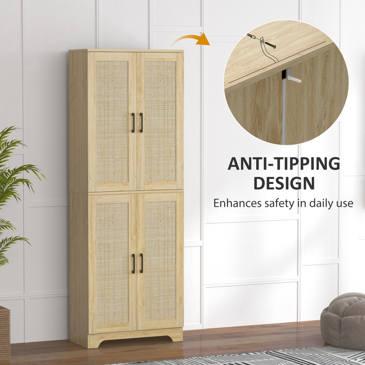 HOMCOM – Armoire garde-manger autonome de 67&nbsp;po, 4 portes en rotin et tablettes ajustables, chêne