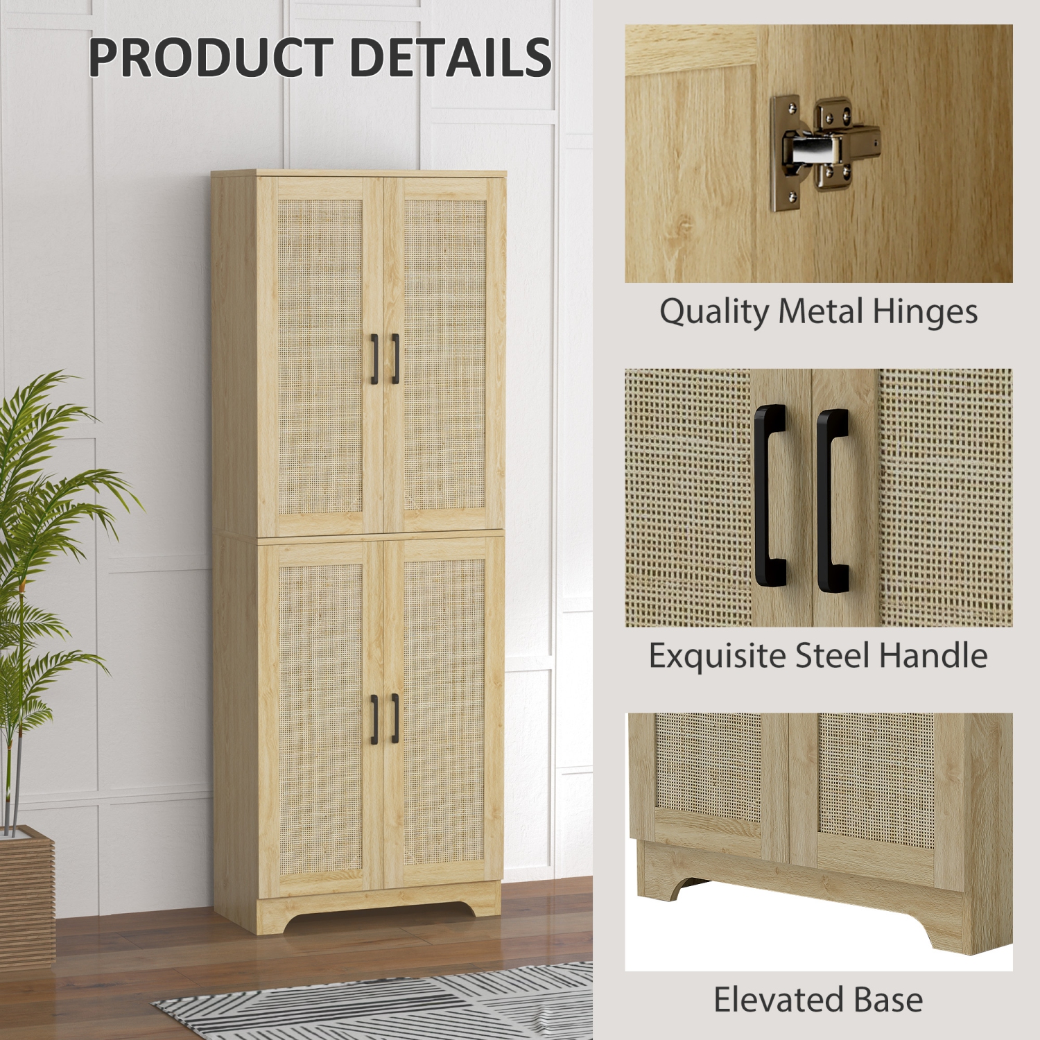 HOMCOM – Armoire garde-manger autonome de 67&nbsp;po, 4 portes en rotin et tablettes ajustables, chêne