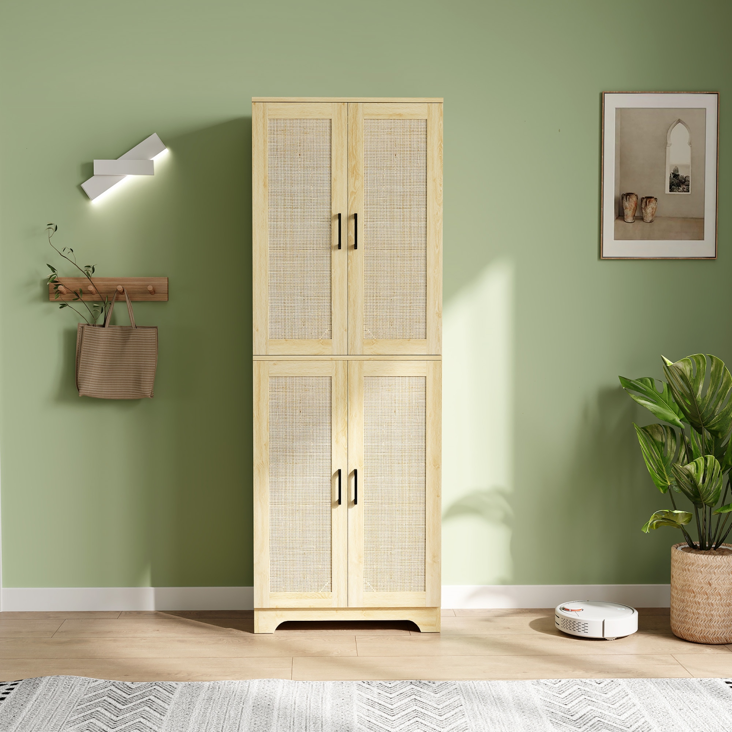 HOMCOM – Armoire garde-manger autonome de 67&nbsp;po, 4 portes en rotin et tablettes ajustables, chêne