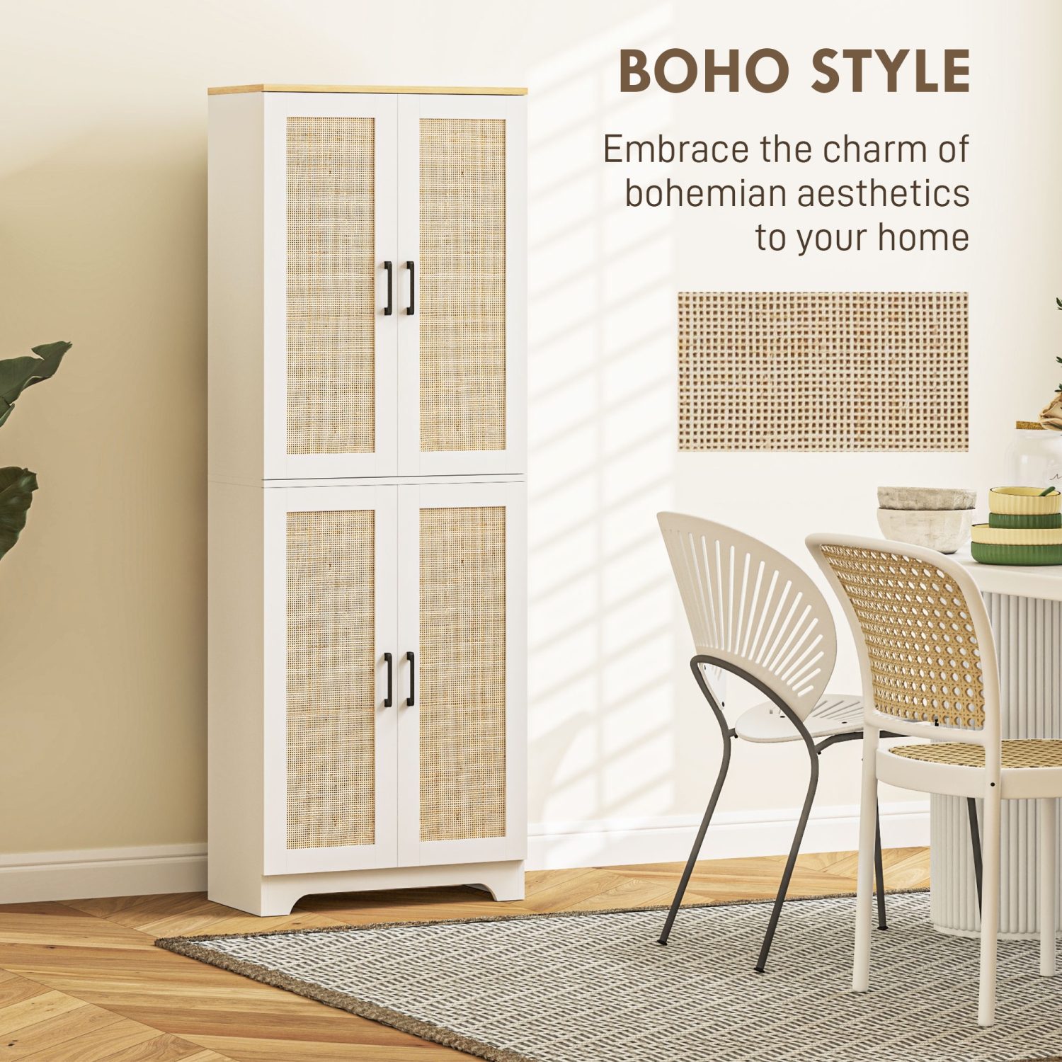 HOMCOM Kitchen Pantry Cabinet, 67" Tall Pantry Storage Cabinet Freestanding with 4 Rattan Doors and Adjustable Shelves, White