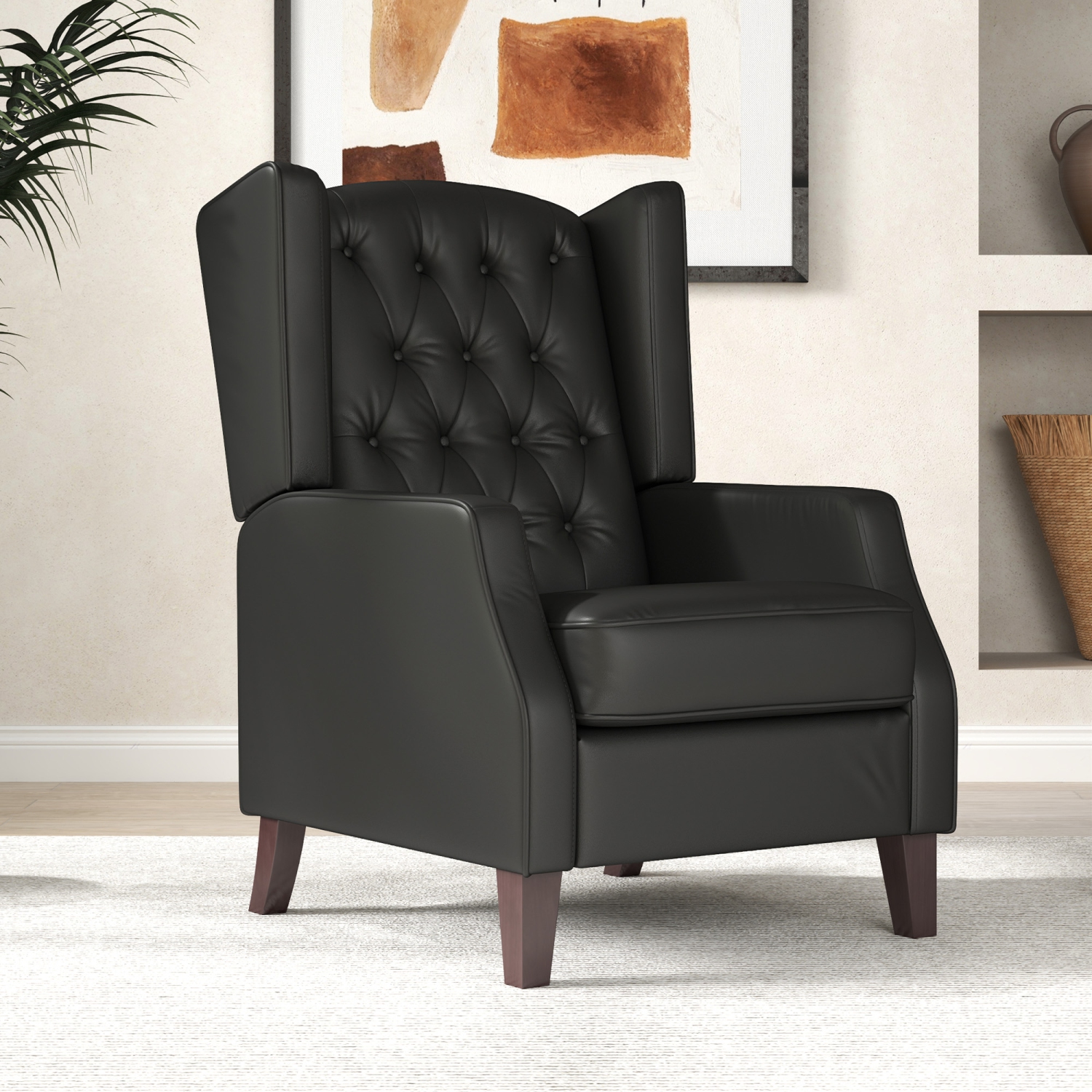 HOMCOM Faux Leather Accent Chair, Upholstered Wingback Armchair, Modern Button Tufted Living Room Chair with Thick Padding and Wood Legs for Living