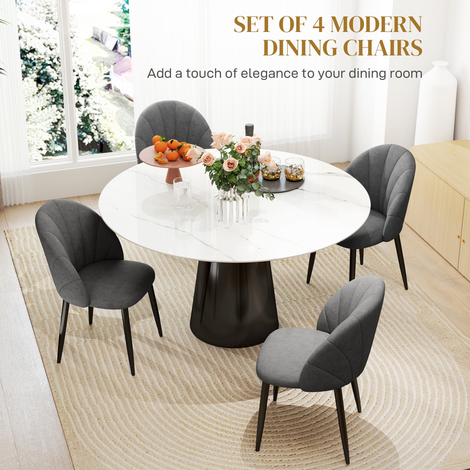 HOMCOM Dining Chairs Set of 4, Modern Upholstered Kitchen Chairs with Metal Legs, Shell Backrest and Padded Seat, Side Chairs for Dining Room,