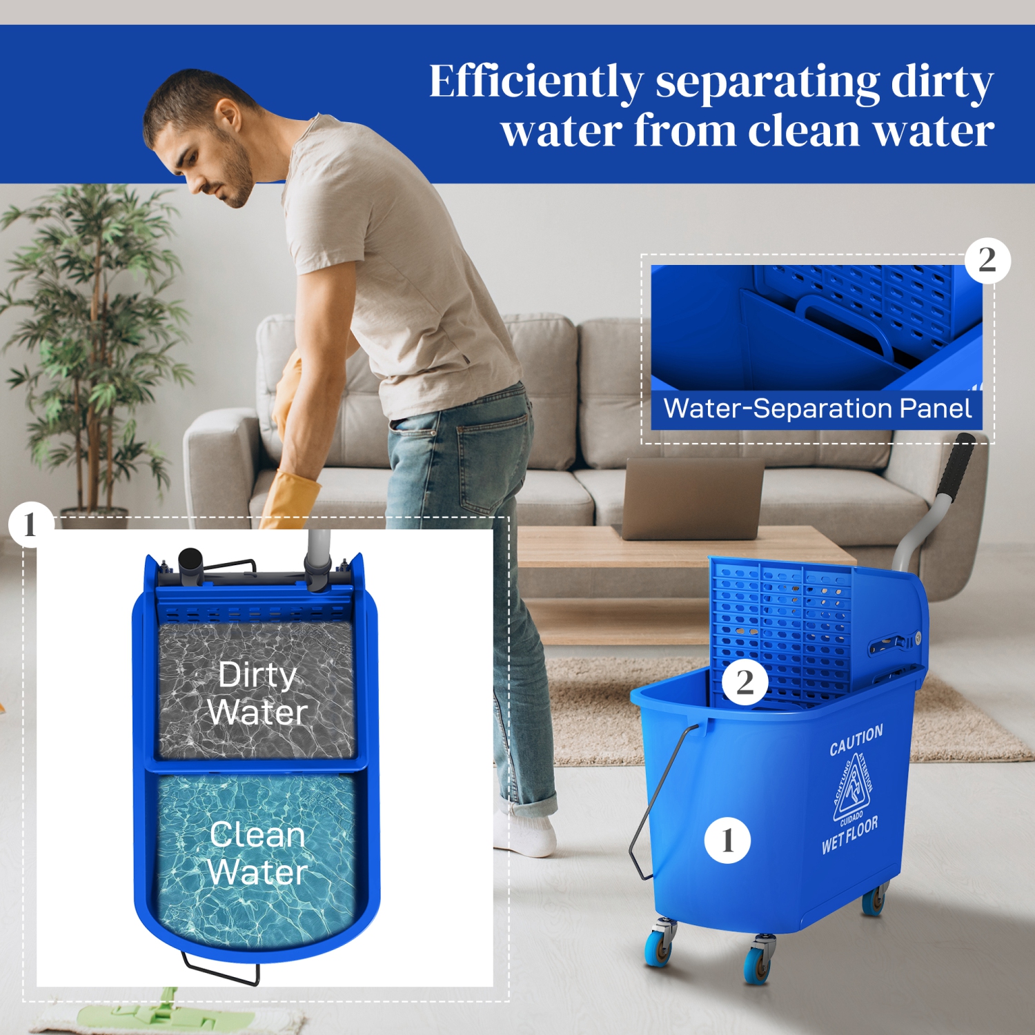 HOMCOM 21-Quart/5 Gallon Compact Mop Bucket with Wringer on Wheels for Floor Cleaning, Separate Dirty and Clean Water, for Home, Apartment, Blue